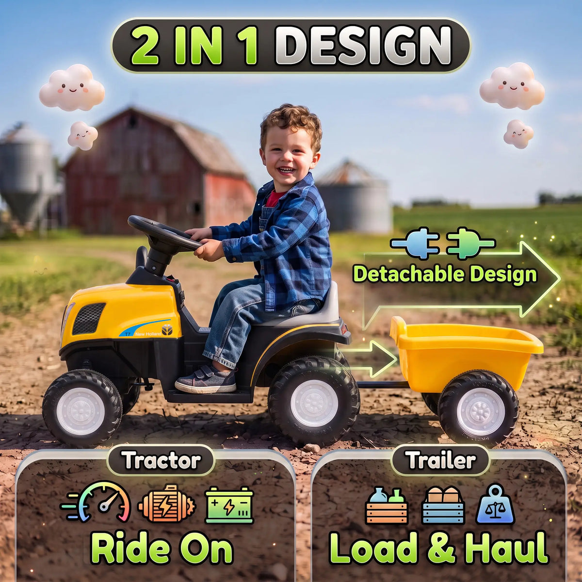 Tracteur pour enfants 6V véhicule électrique, remorque détachable, musique, jaune