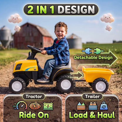 Tracteur pour enfants 6V véhicule électrique, remorque détachable, musique, jaune