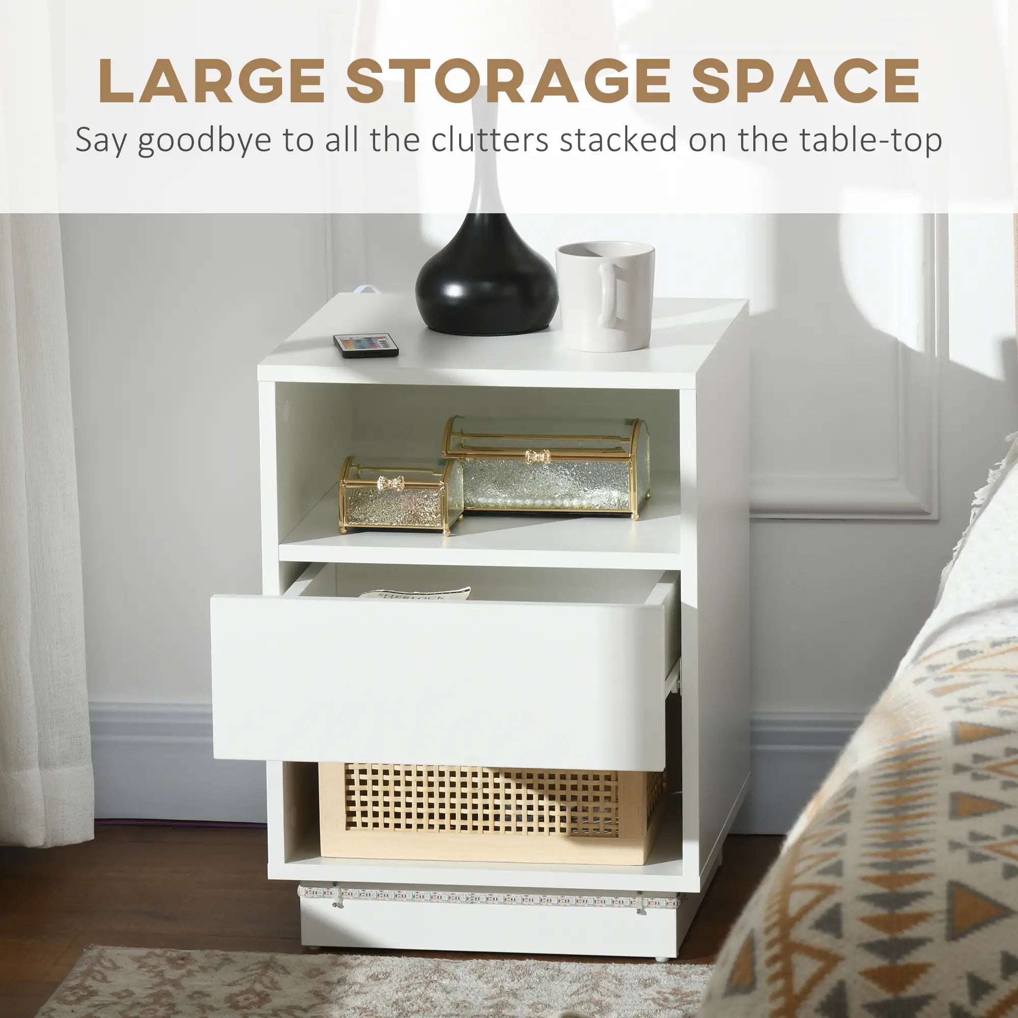 LED Nightstand with Lights, Drawer, 2 Shelves, Remote, 15.7 Inch Bedside Tables at Gallery Canada