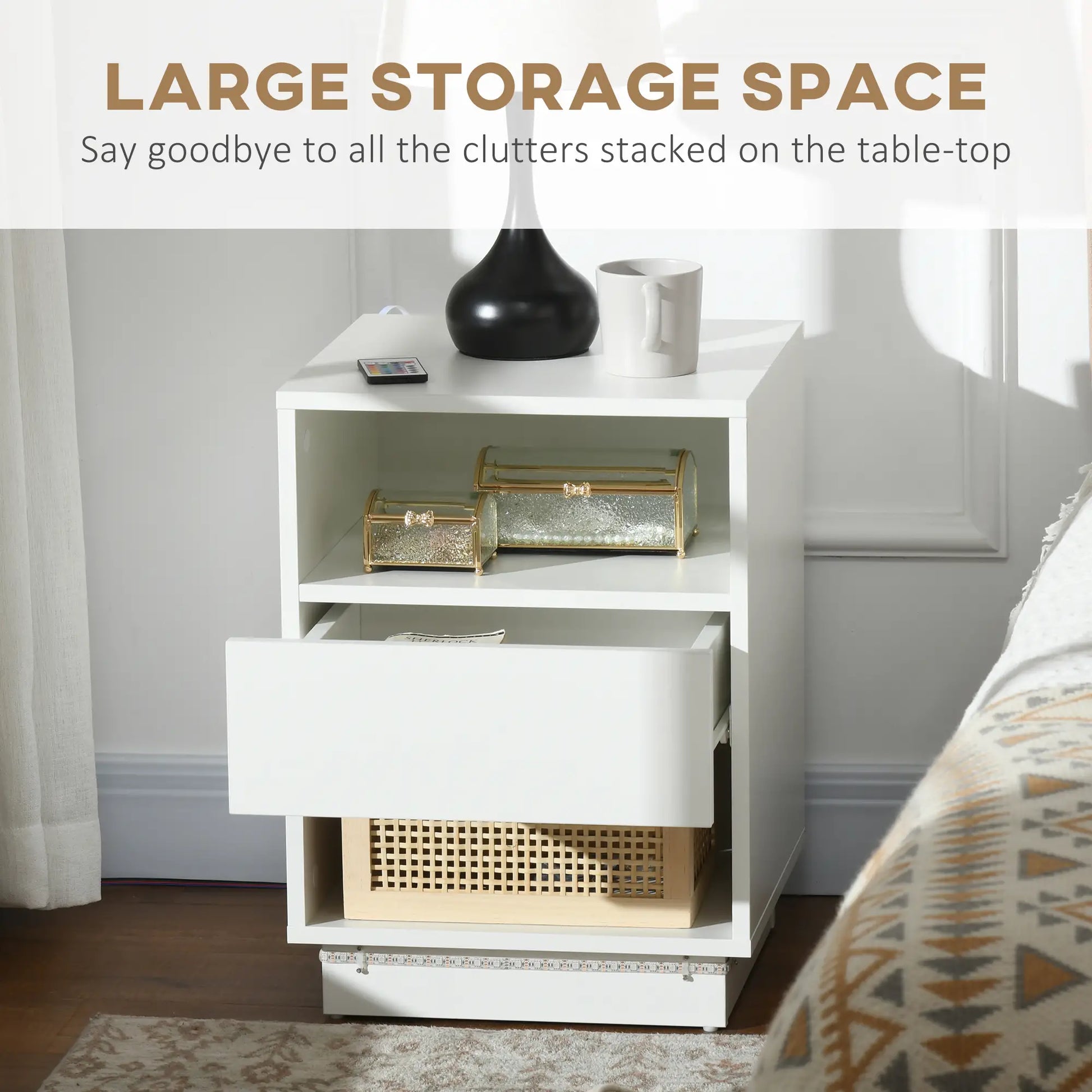 LED Nightstand with Lights, Drawer, 2 Shelves, Remote, 15.7 Inch Bedside Tables at Gallery Canada