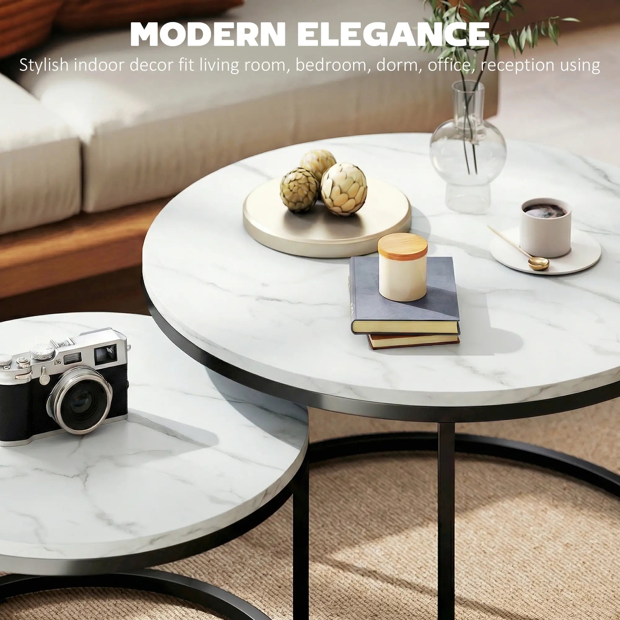 Modern Coffee Table Set, 2 Nesting Tables, Metal Base, Marble White, White Coffee Tables at Gallery Canada