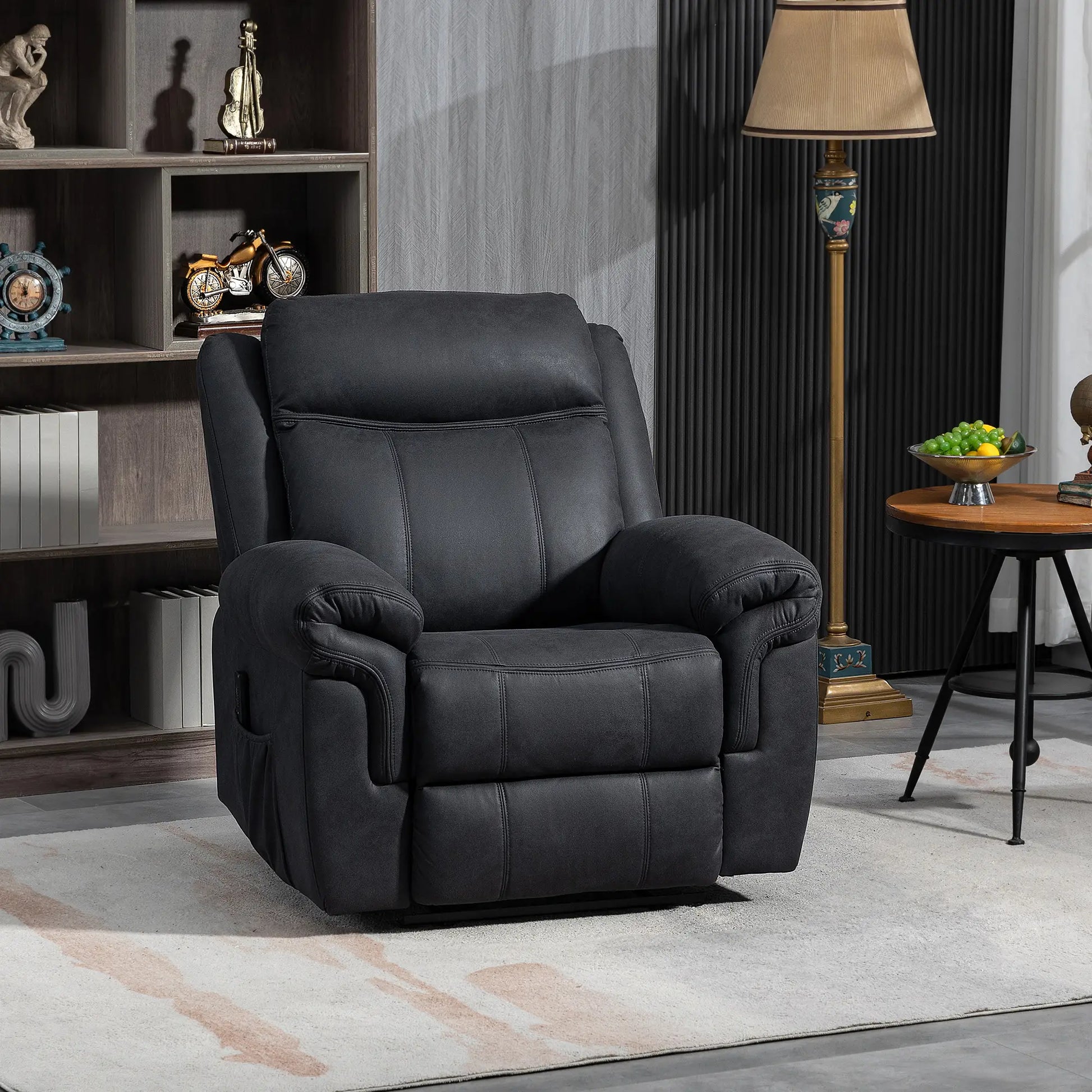 Manual Recliner Chair with Vibration Massage, Side Pockets, Microfibre Reclining Chair for Living Room, Black Single Sofas at Gallery Canada