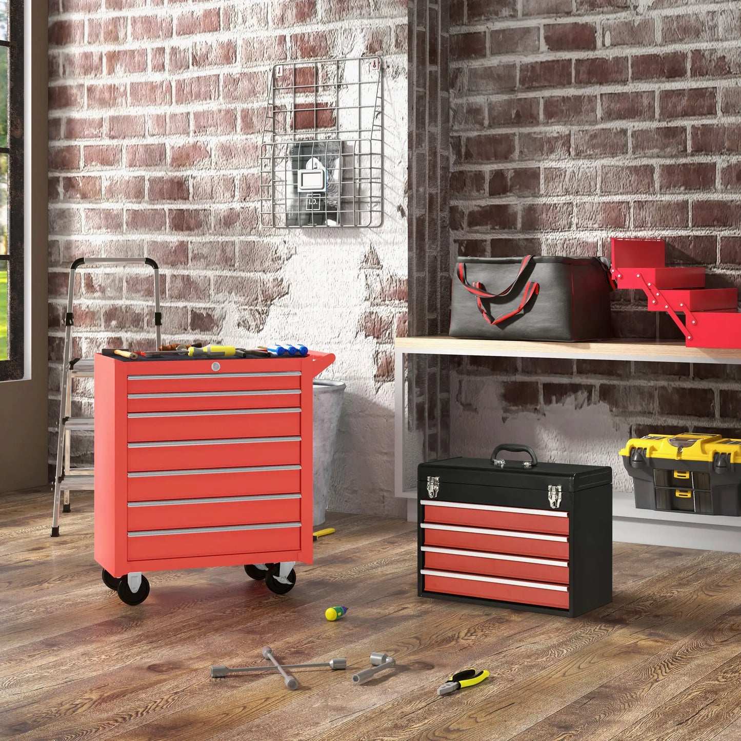 Lockable Tool Chest Set, 7 Drawer Cabinet with Wheels, 4 Drawer Portable, Red Tool Organizers at Gallery Canada