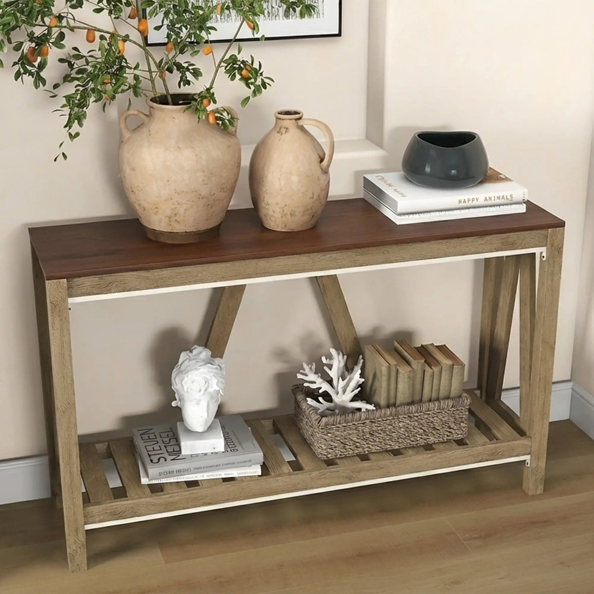 Farmhouse Console Table with Storage Shelf, Rustic Sofa Table, Oak Console Tables at Gallery Canada