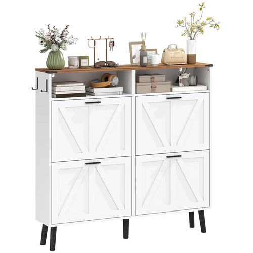 Shoe Storage Cabinet, 4 Flip Drawers, Farmhouse Narrow, Holds 24 Pairs, White