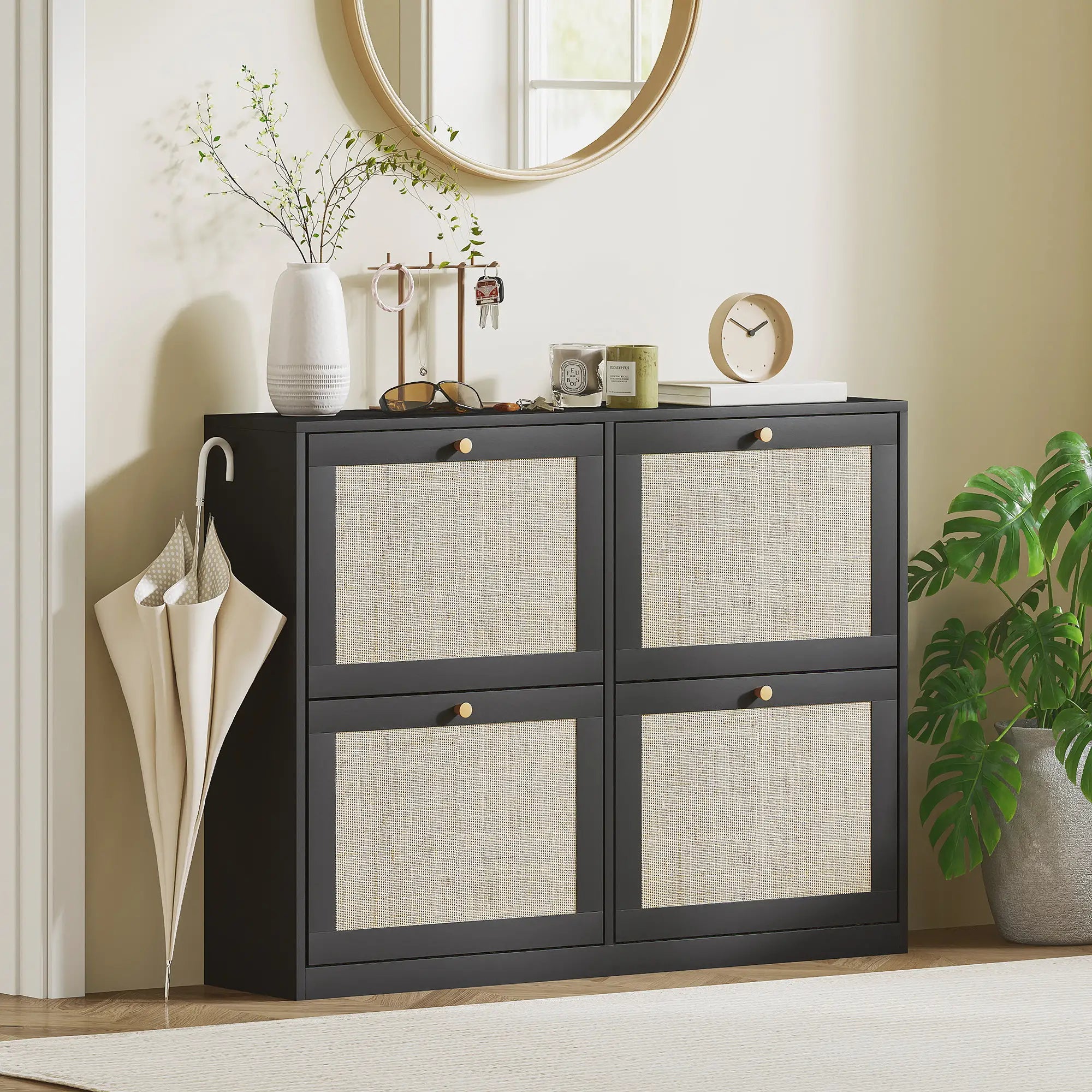 Narrow Shoe Storage Cabinet, 4 Flip Drawers, Adjustable Shelves, 20 Pairs, Black Shoe Storage Cabinets & Racks at Gallery Canada