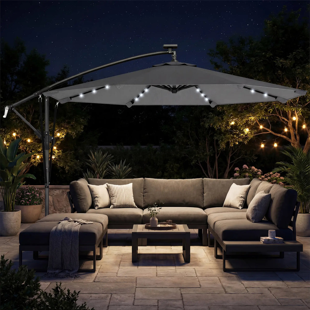 9.7ft Solar LED Cantilever Patio Umbrella, 32 LED Lights, Cross Base, Crank Handle, Dark Grey Offset Cantilever Umbrellas at Gallery Canada