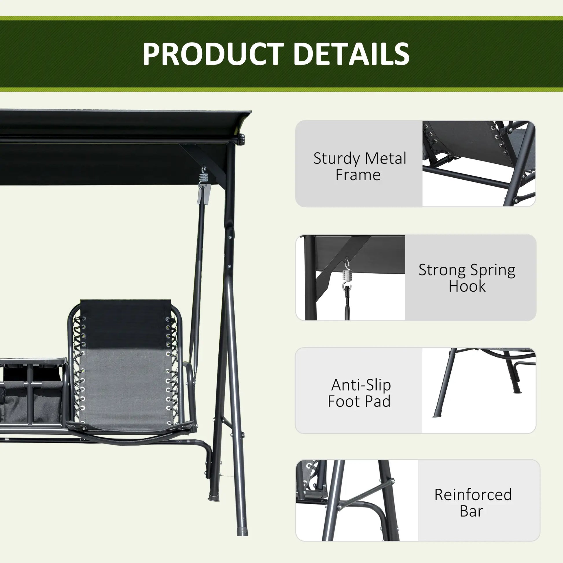 2 Person Porch Swing with Storage Table, Cup Holder, Canopy, Black Patio Swings with Stand at Gallery Canada