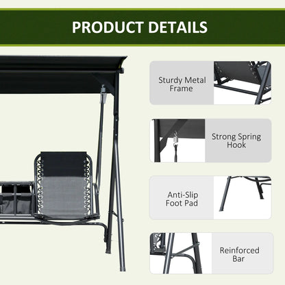 2 Person Porch Swing with Storage Table, Cup Holder, Canopy, Black Patio Swings with Stand at Gallery Canada