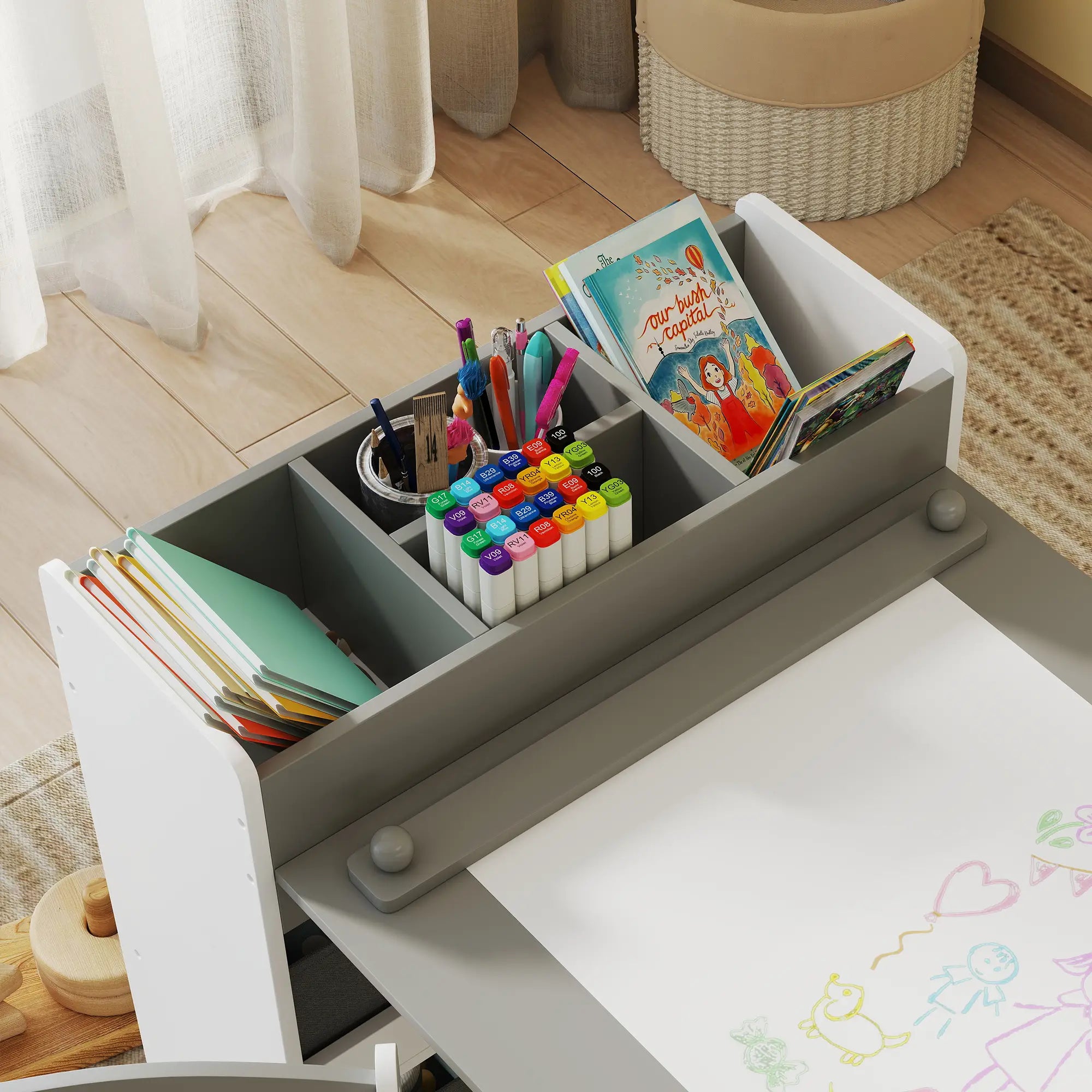 Kids Table and Chairs Set, Toddler Art Set with Paper Roll, Storage, Grey Kids Table Sets at Gallery Canada