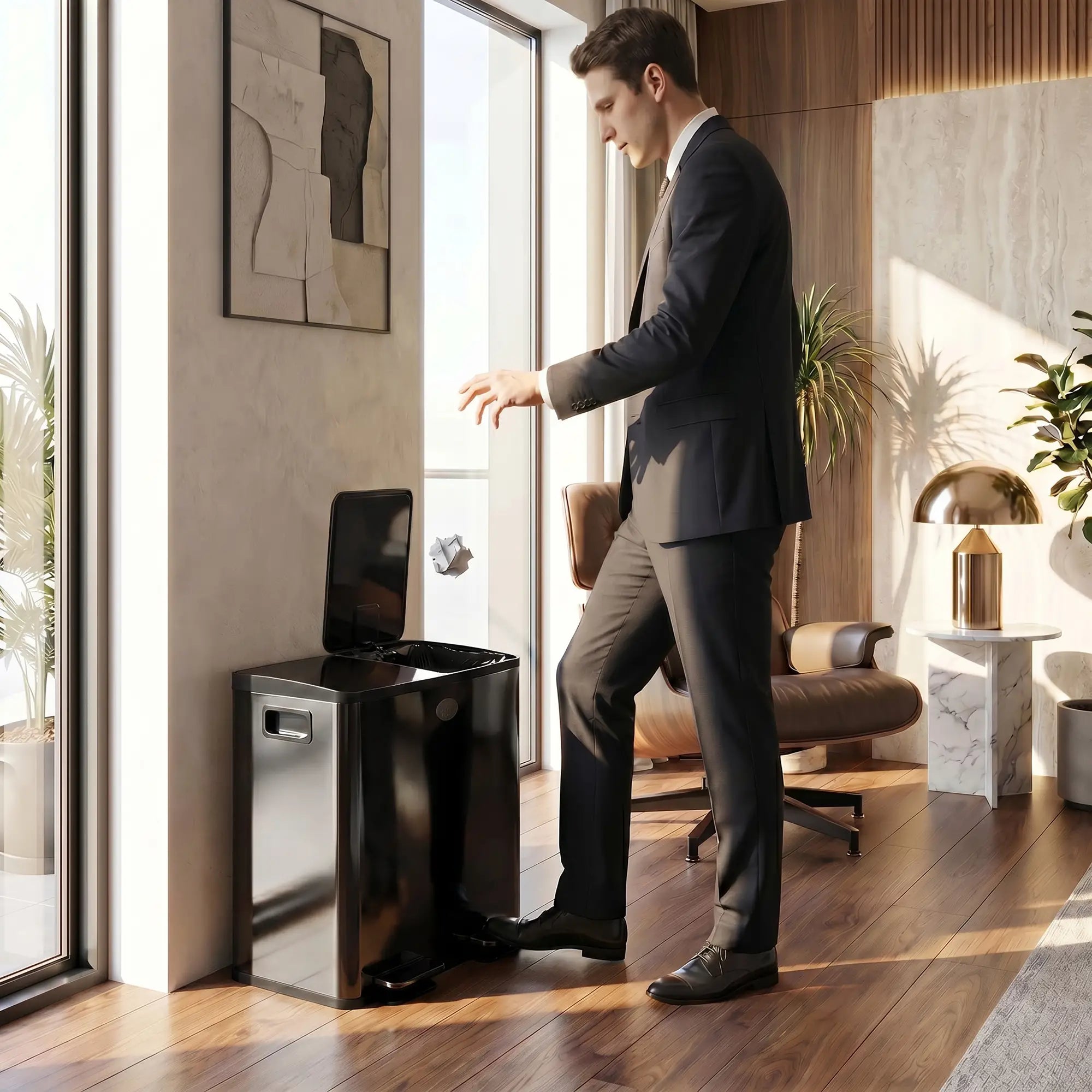Dual Garbage Bin, Soft-Close Trash Can with Foot Pedal, 2 x 20 Liter Garbage Can with Removable Inner Buckets, Black Household Supplies at Gallery Canada