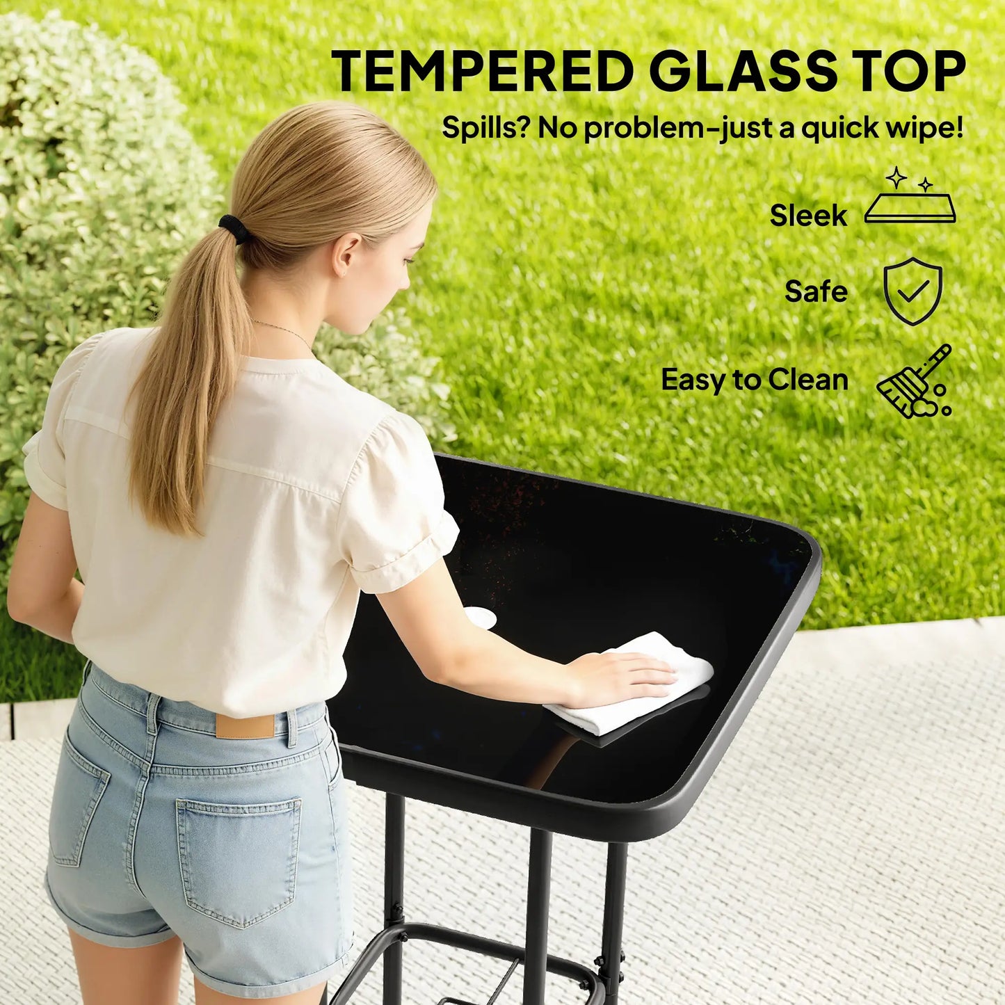 Outdoor Bar Table With Umbrella Hole, 41.3" Glass Top, Black Patio Dining Tables at Gallery Canada