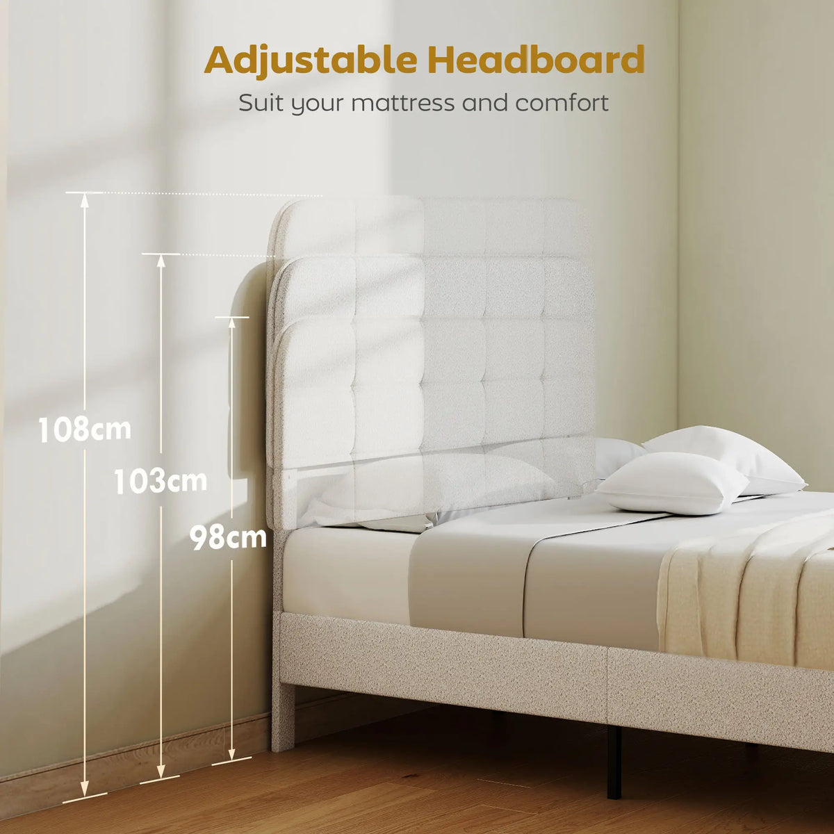 Queen Size Upholstered Platform Bed Frame, Adjustable Headboard, White