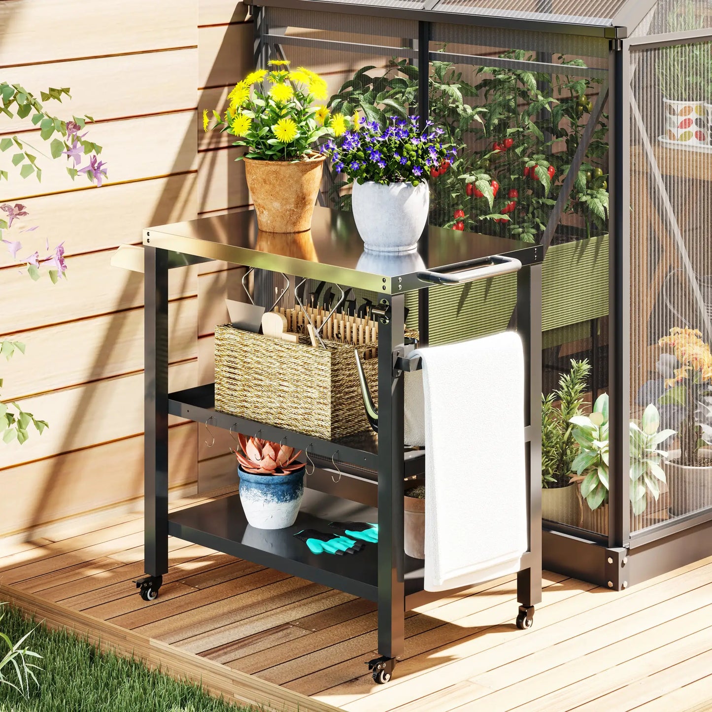 Outdoor Kitchen Bar Cart With Wheels, Stainless Steel Pizza Oven Stand, Movable Prep Table With Hooks Outdoor Grill Carts at Gallery Canada