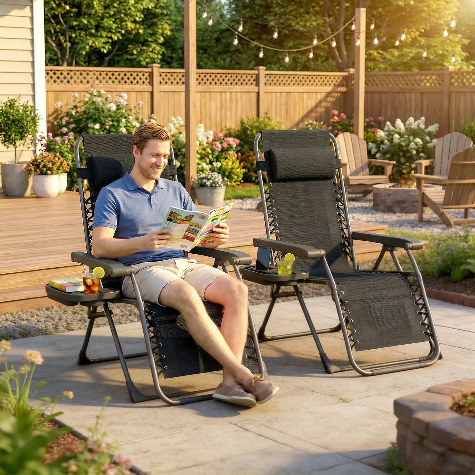 Zero Gravity Chair Set Of 2, Folding Reclining Outdoor Lounge Chair, Black Lounger Chairs at Gallery Canada