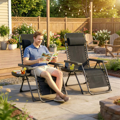 Zero Gravity Chair Set Of 2, Folding Reclining Outdoor Lounge Chair, Black Lounger Chairs at Gallery Canada