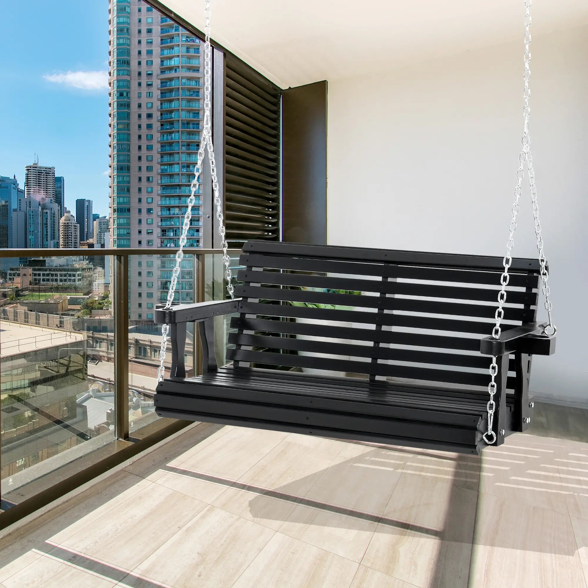 2 Seater Wooden Porch Swing, Outdoor Garden Bench, Black Hanging Porch Swings at Gallery Canada