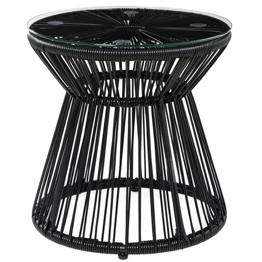 Round Rattan End Table, Hollow Drum Design, Glass Top, Black Patio Side Tables Black at Gallery Canada