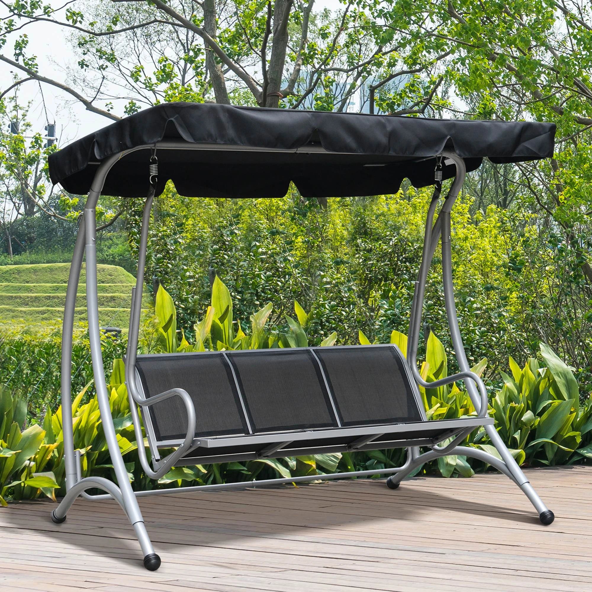 3-Seater Outdoor Swing Bench, Adjustable Canopy, Black Porch Swings with Canopy at Gallery Canada