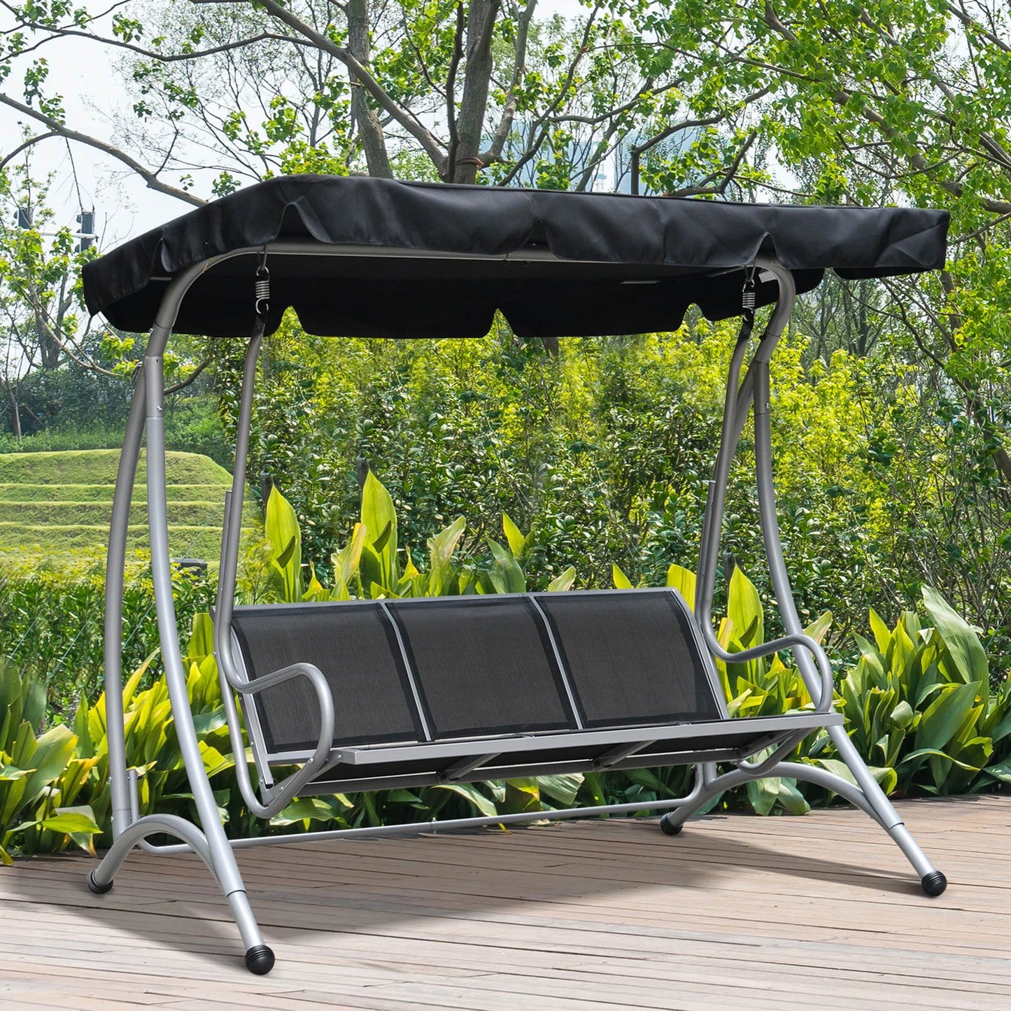 3-Seater Outdoor Swing Bench, Adjustable Canopy, Black Porch Swings with Canopy at Gallery Canada
