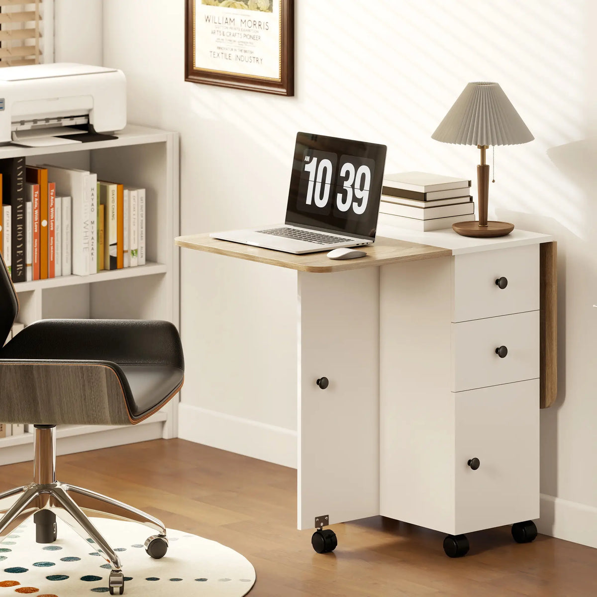 Mobile Drop Leaf Dining Table On Wheels, White And Oak, White