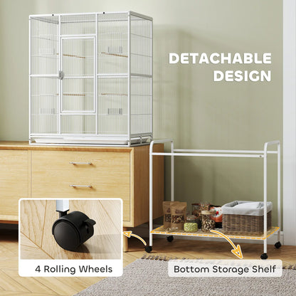 64" Large Rolling Bird Cage With Stand, Shelf, Perch, Food Container, White Bird Cages at Gallery Canada