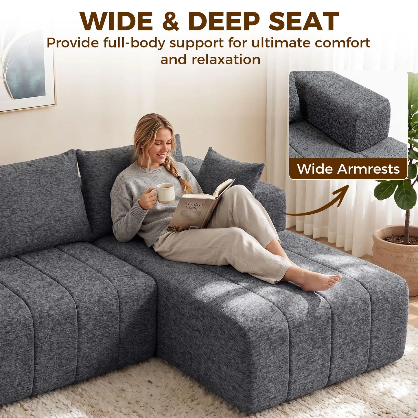 101 Modular Sectional Sofa With Chaise, Cloud Couch, Grey