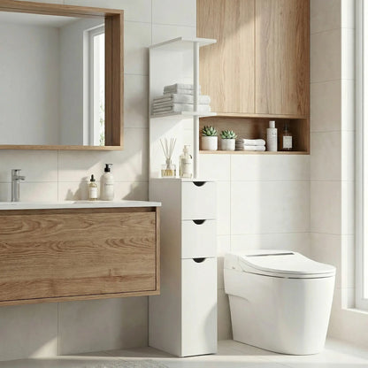 Tall Narrow Bathroom Storage Cabinet, Drawers and Open Shelves, White Bathroom Cabinets at Gallery Canada