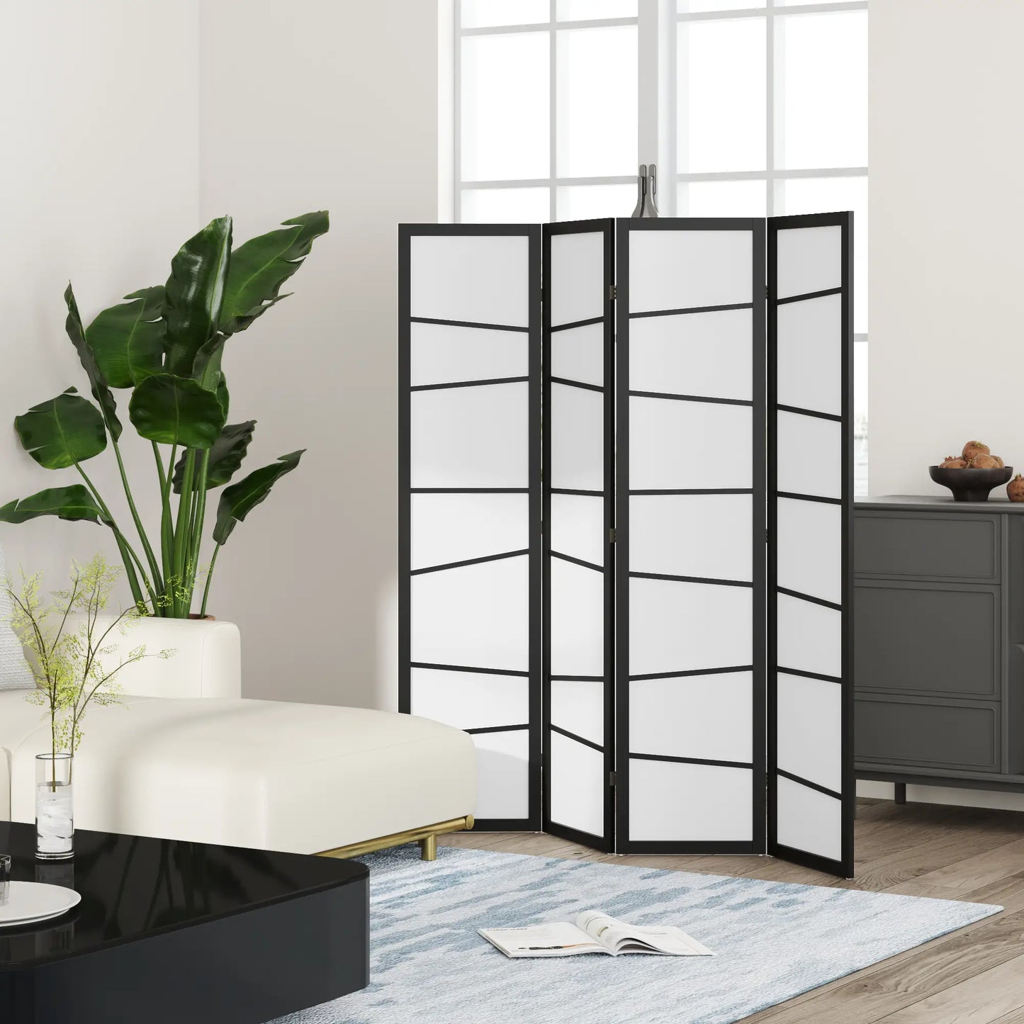 5.6ft Folding Room Divider, 4 Panel Wood Frame, White Room Dividers at Gallery Canada