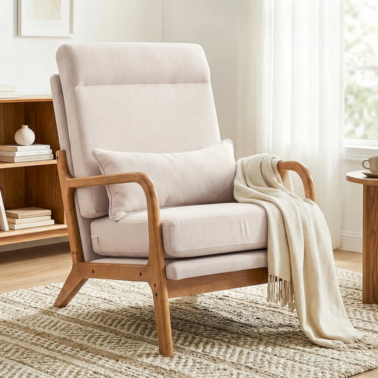 Modern Accent Chair, Linen Armchair with Lumbar Pillow, High Back, Wide Seat, Thick Cushion, Solid Wood Frame, Cream White Accent Chairs Cream White, Light Yellow at Gallery Canada