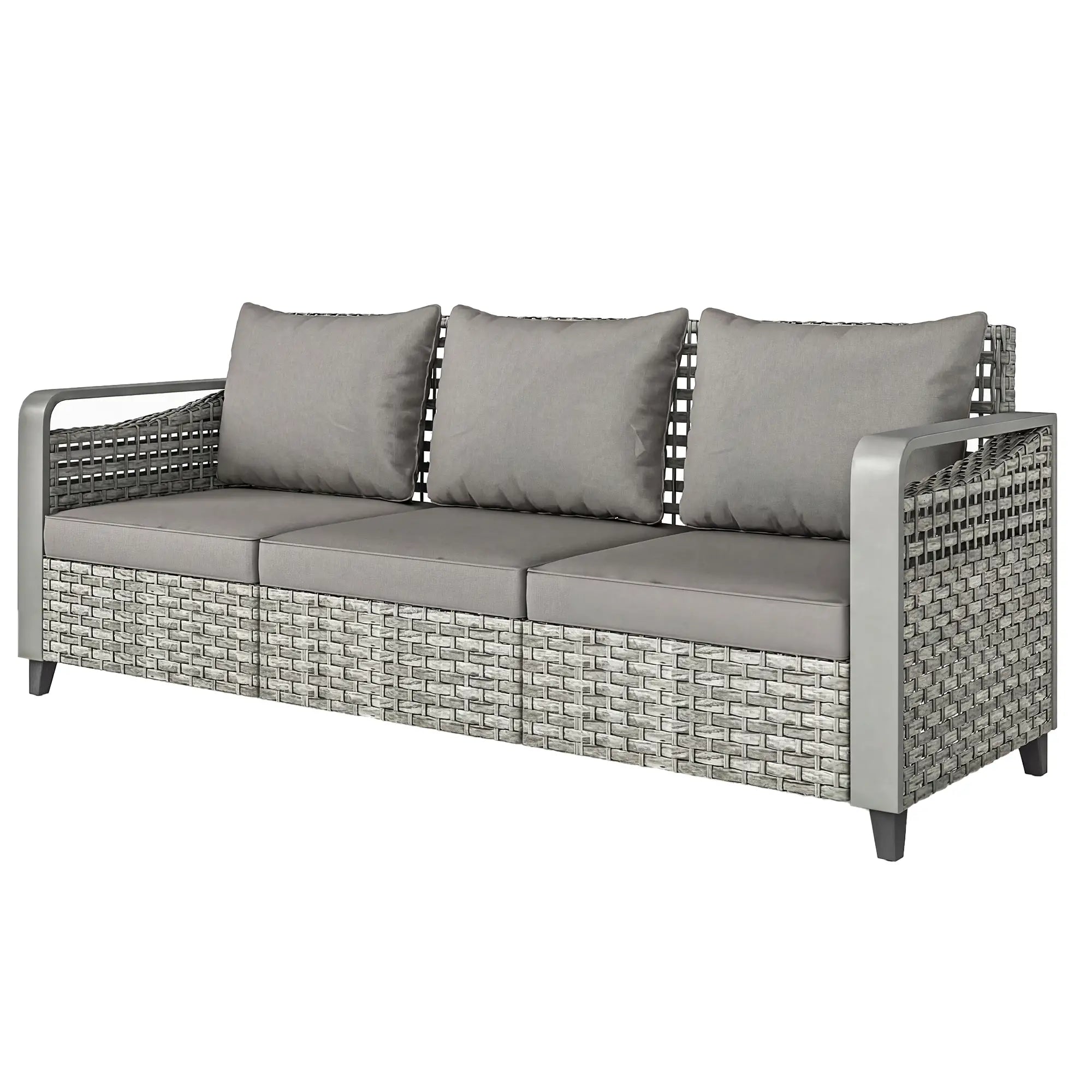 Rattan Wicker Sofa, 3-Seater Outdoor Couch With Cushions, Grey Patio Furniture Sets Grey at Gallery Canada