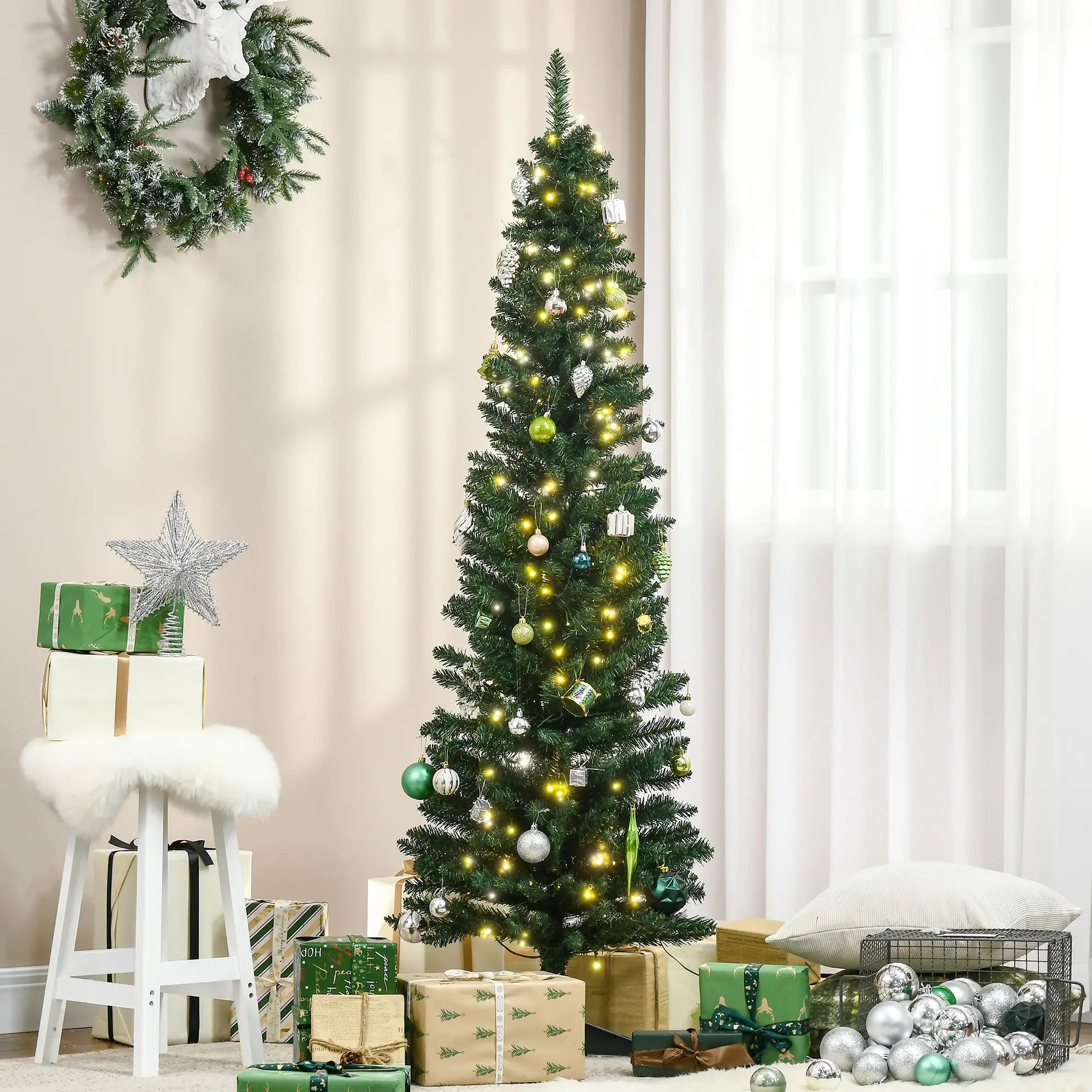 6' Pre Lit Artificial Pencil Christmas Tree, Warm White LED Lights, Green Pre Lit Christmas Trees at Gallery Canada