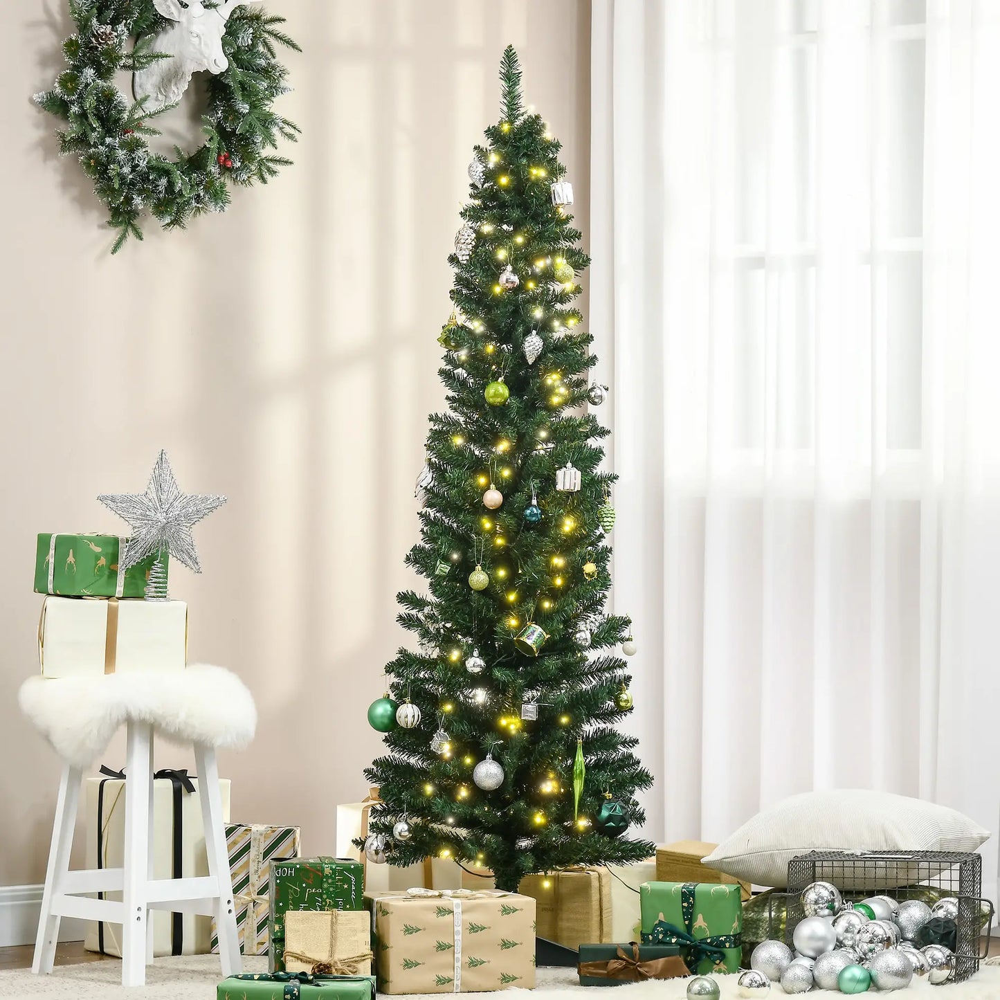 6' Pre Lit Artificial Pencil Christmas Tree, Warm White LED Lights, Green Pre Lit Christmas Trees at Gallery Canada