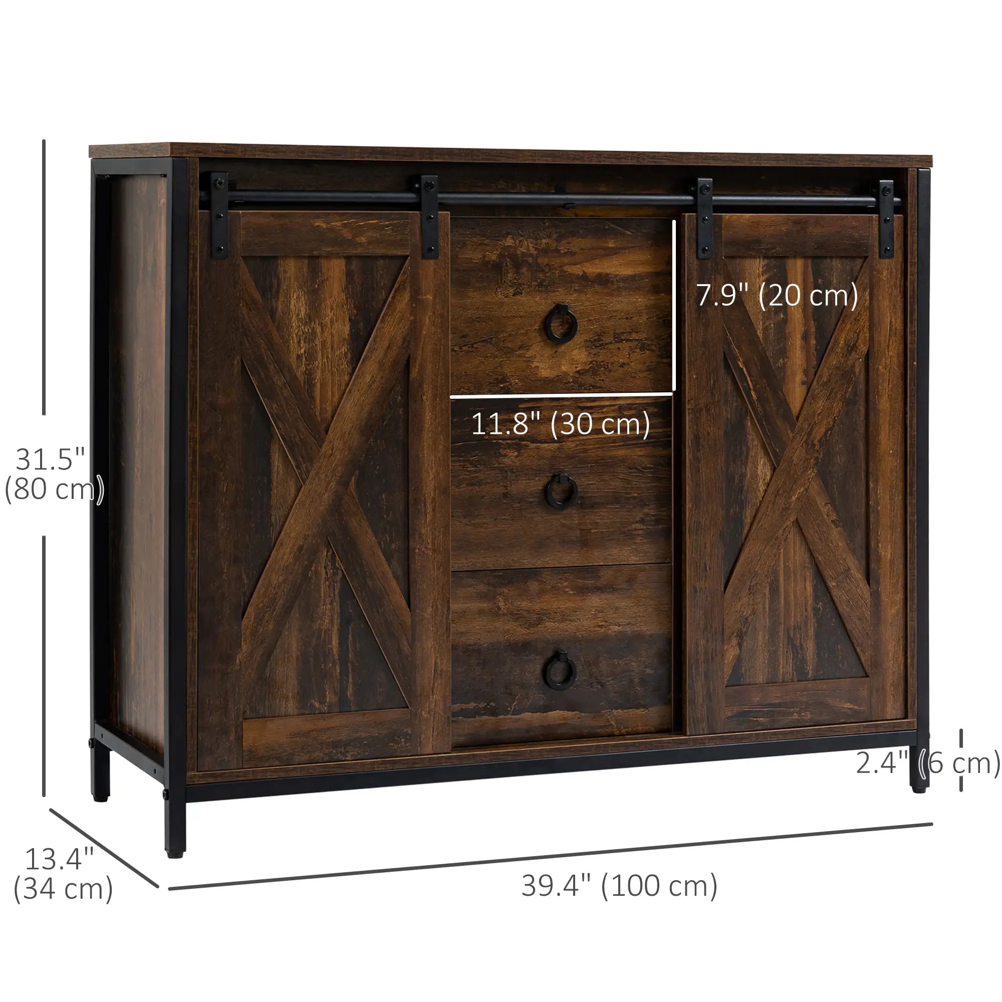 Industrial Buffet Cabinet, Kitchen Sideboard, Sliding Barn Doors, 3 Drawers, Adjustable Shelves, Rustic Brown, Brown Bar Cabinets at Gallery Canada