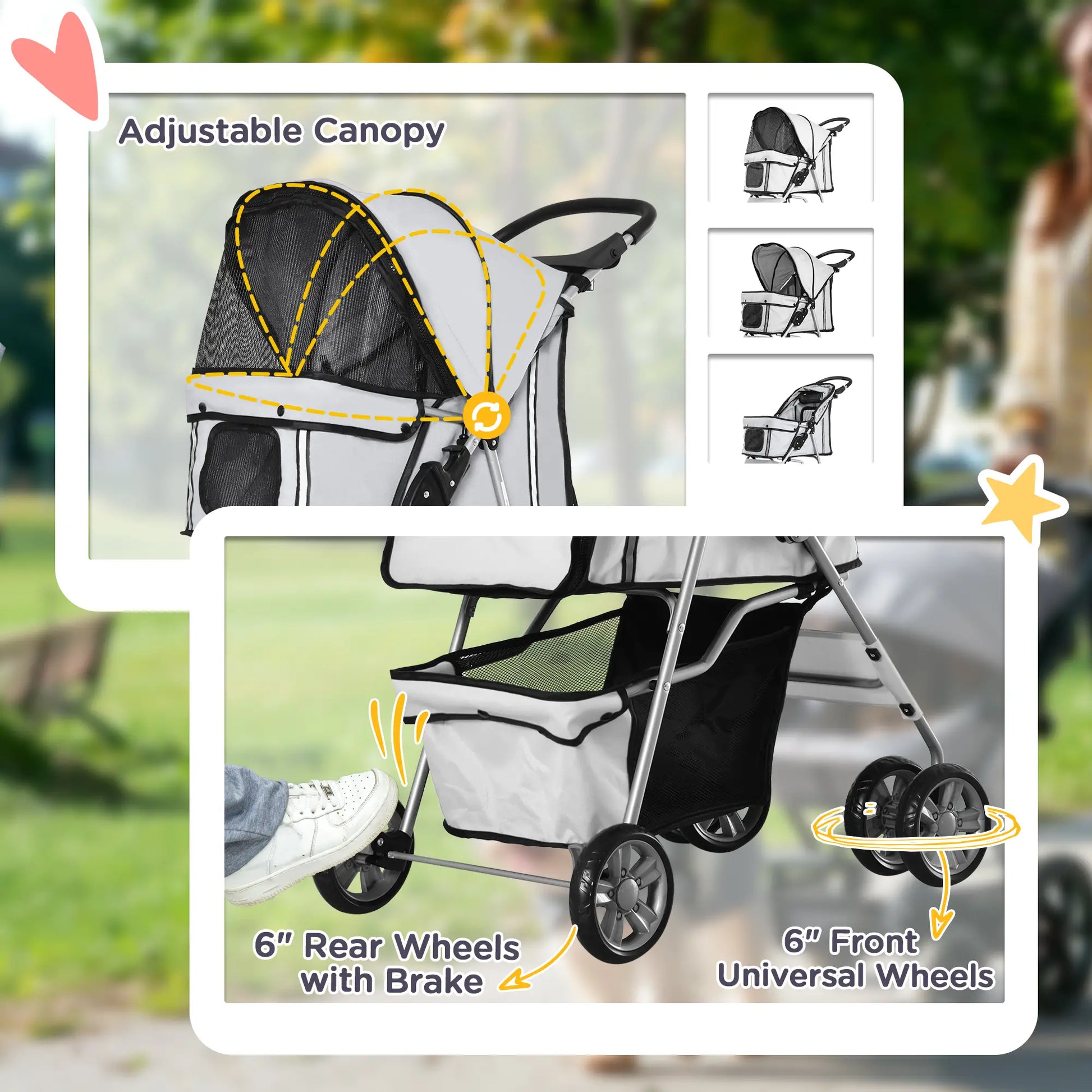 4 Wheel Dog Pet Stroller Dog Cat Carrier Folding Sunshade Canopy with Brake, Safety Leash, Cup Holder, Grey Dog Bike Trailers & Strollers at Gallery Canada