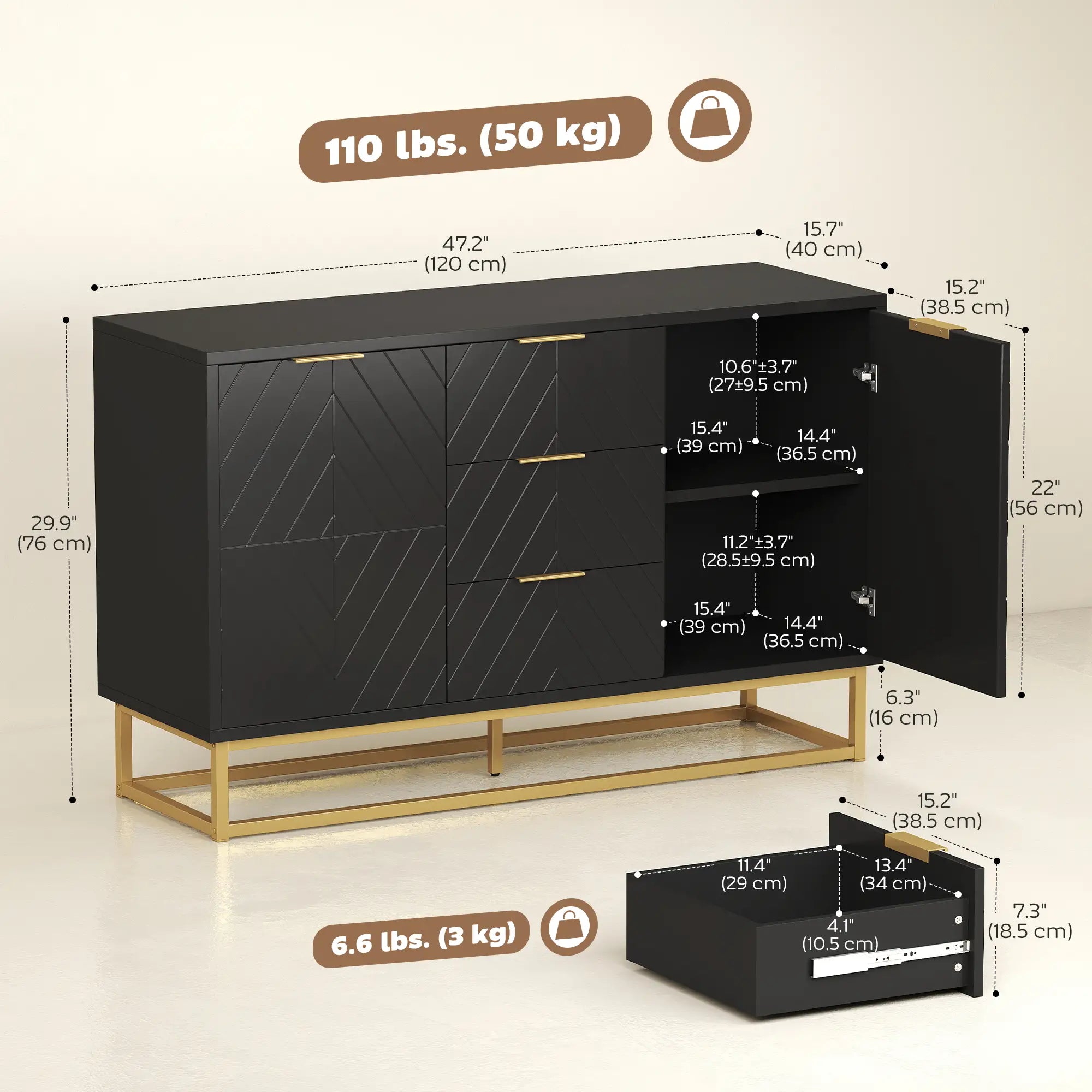 Sideboard Storage Cabinet, 3 Drawers, Adjustable Shelves, Black Kitchen Pantry Cabinets at Gallery Canada