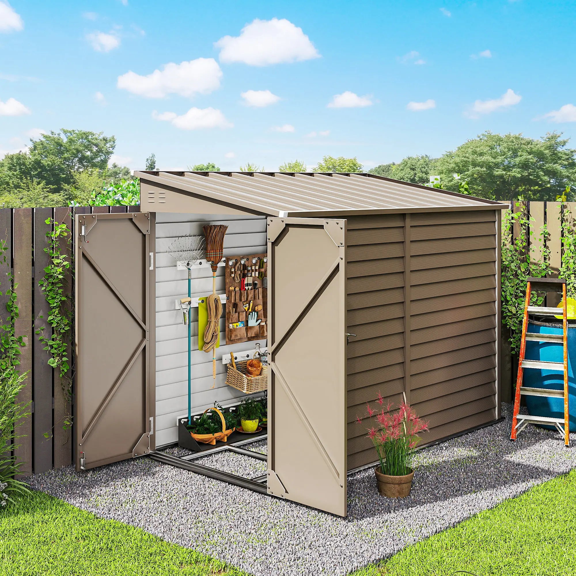 4.6' x 9' Brown Steel Outdoor Storage Shed, Lean To Metal Tool House, Brown Sheds at Gallery Canada