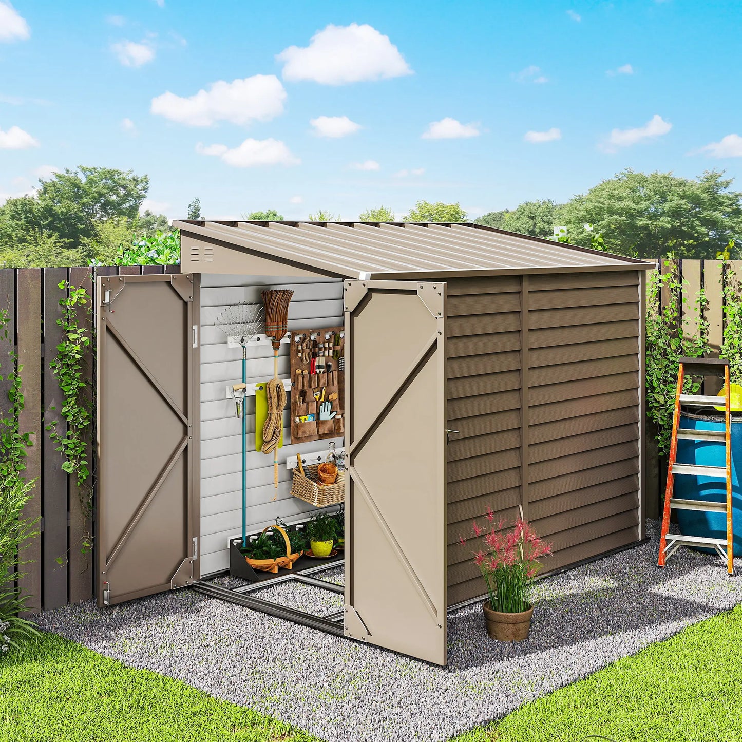 4.6' x 9' Brown Steel Outdoor Storage Shed, Lean To Metal Tool House, Brown Sheds at Gallery Canada