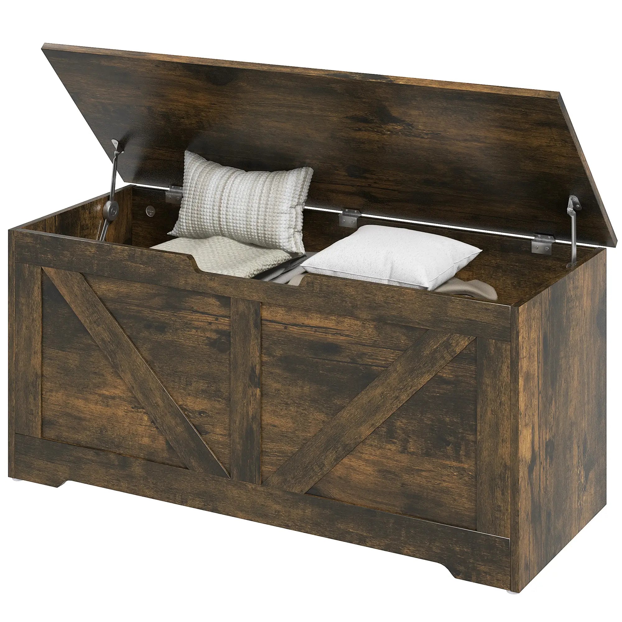 39.4 Inches Wooden Storage Chest, 2 Safety Hinges, Brown Wood Grain Storage Cabinets Rustic Brown at Gallery Canada