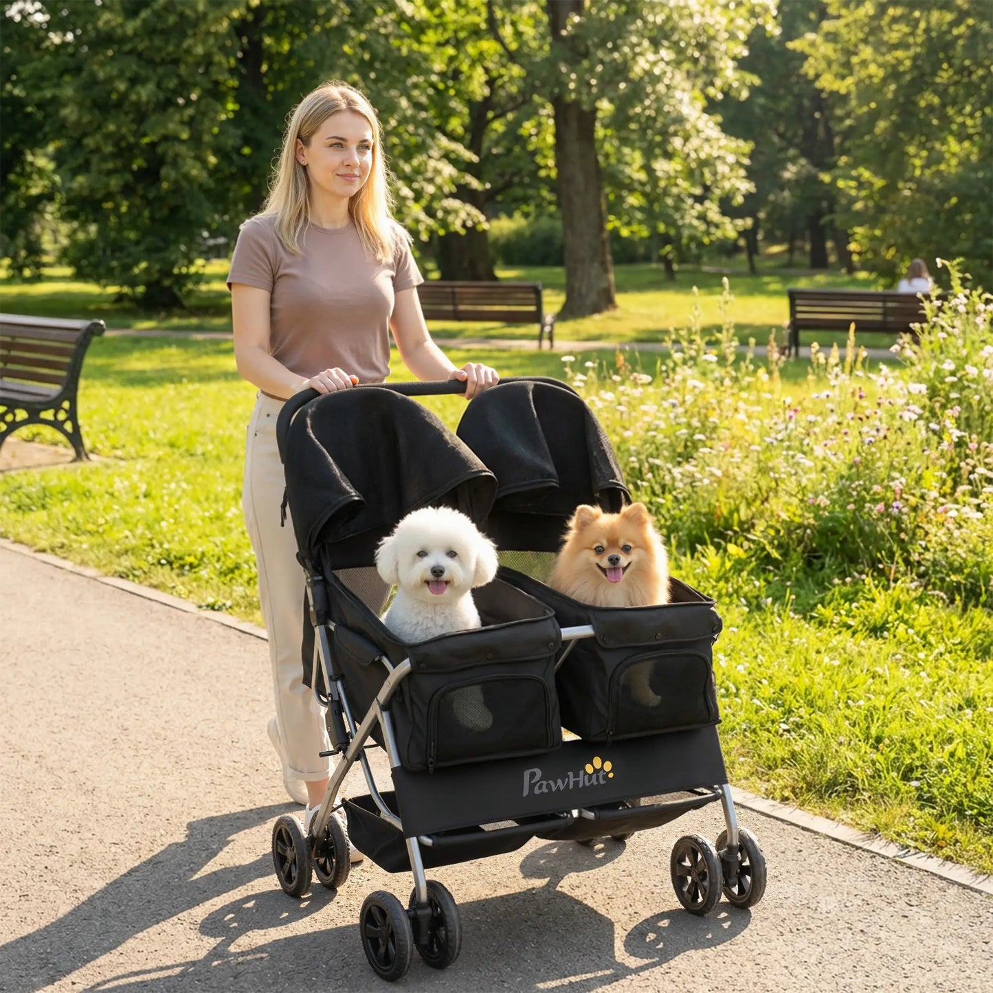 Double Pet Stroller, Foldable Dog Stroller with 2-Seater Carrier, Sunshade, Removable Pad, Safety Belt, Storage Basket Dog Bike Trailers & Strollers at Gallery Canada