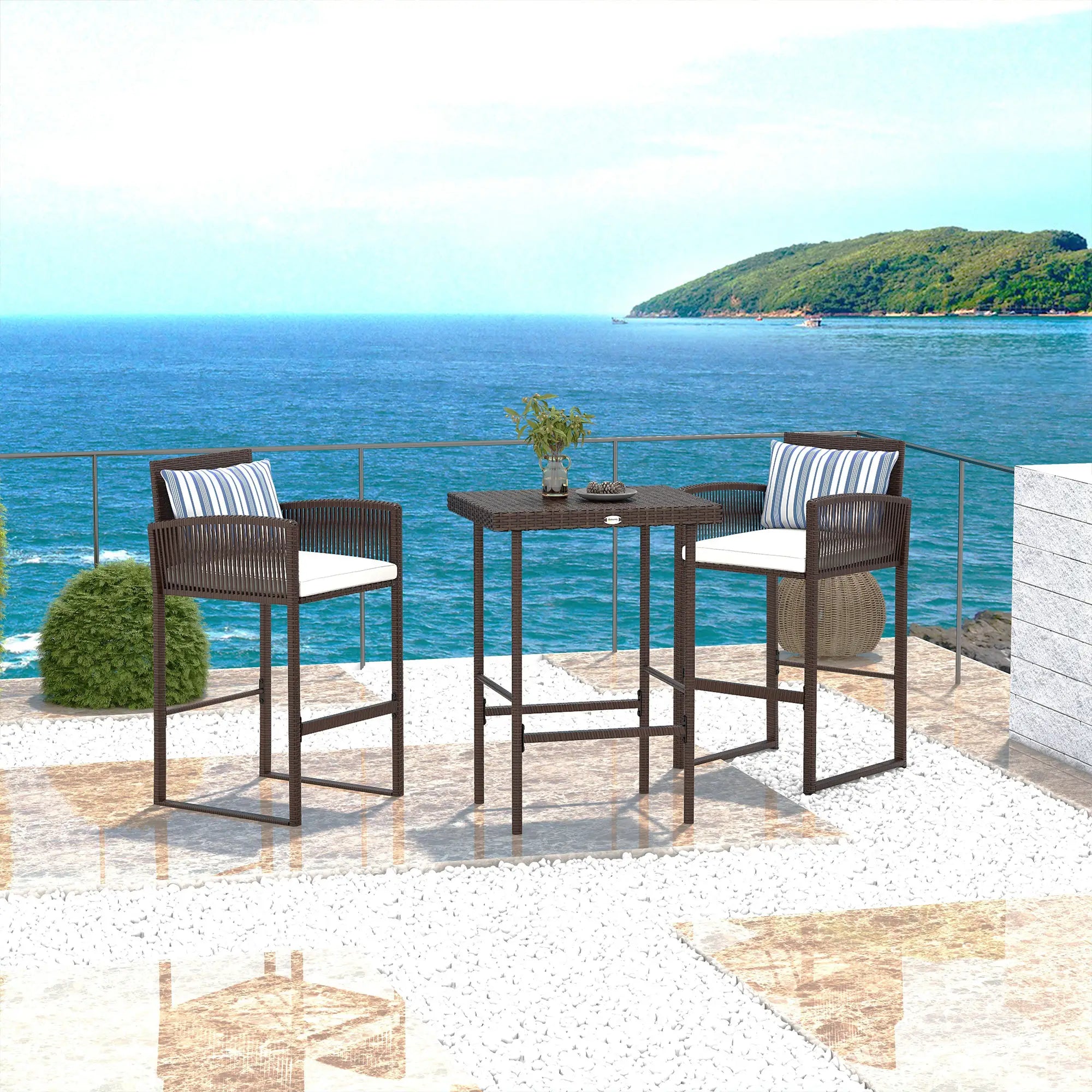 3-Piece Wicker Bar Set, Patio Table with Cushions, 25.2