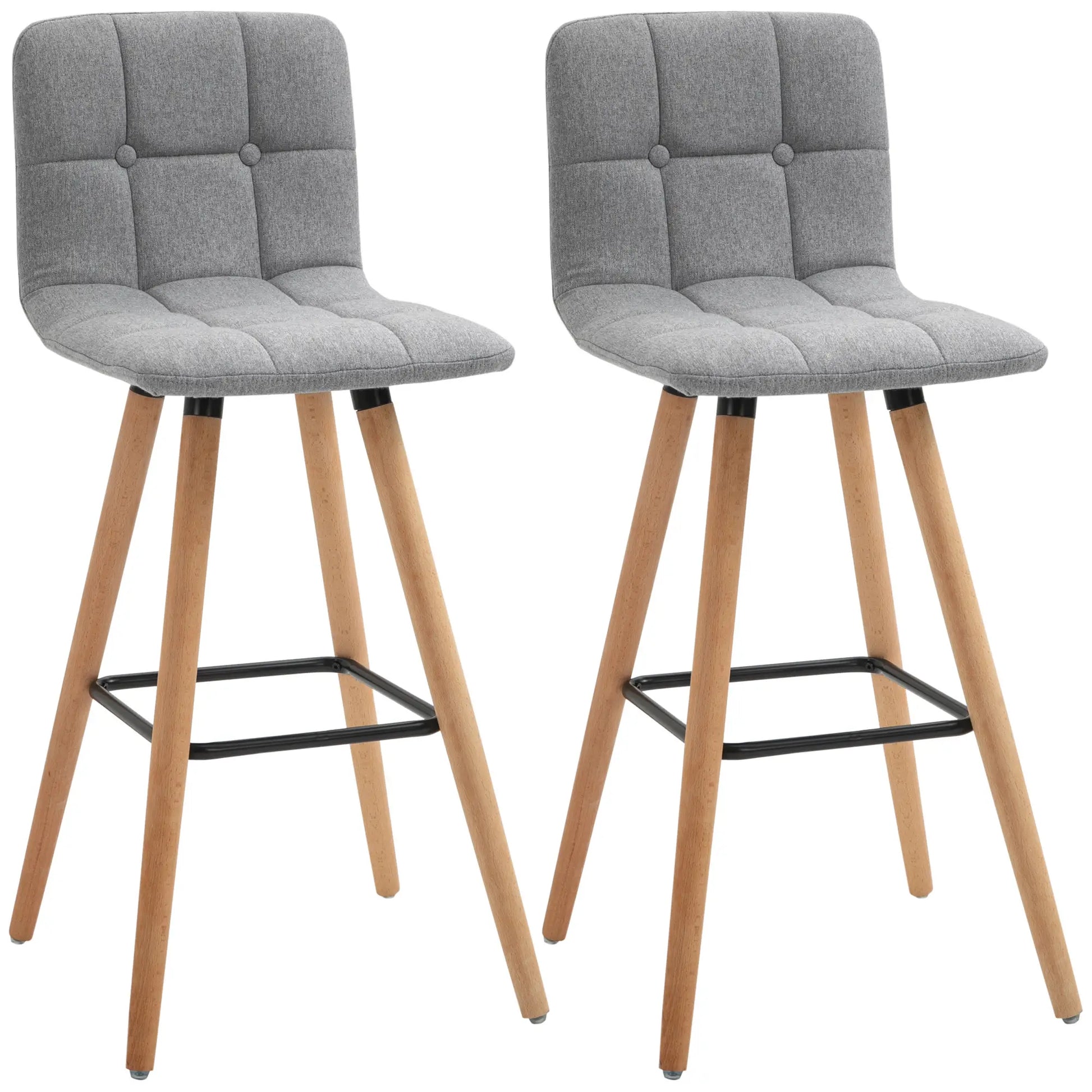 Modern Bar Stools Set of 2, 38" Upholstered, Solid Wood Legs, Grey Bar Stools at Gallery Canada