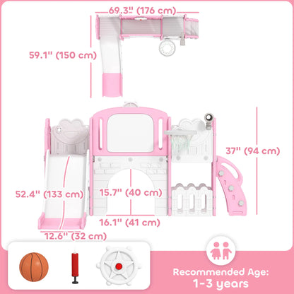7 In 1 Toddler Slide With Basketball Hoop, Climbing Frame, Telescope, Drawing Board, Storage Box, Pink Gym Sets & Swings at Gallery Canada