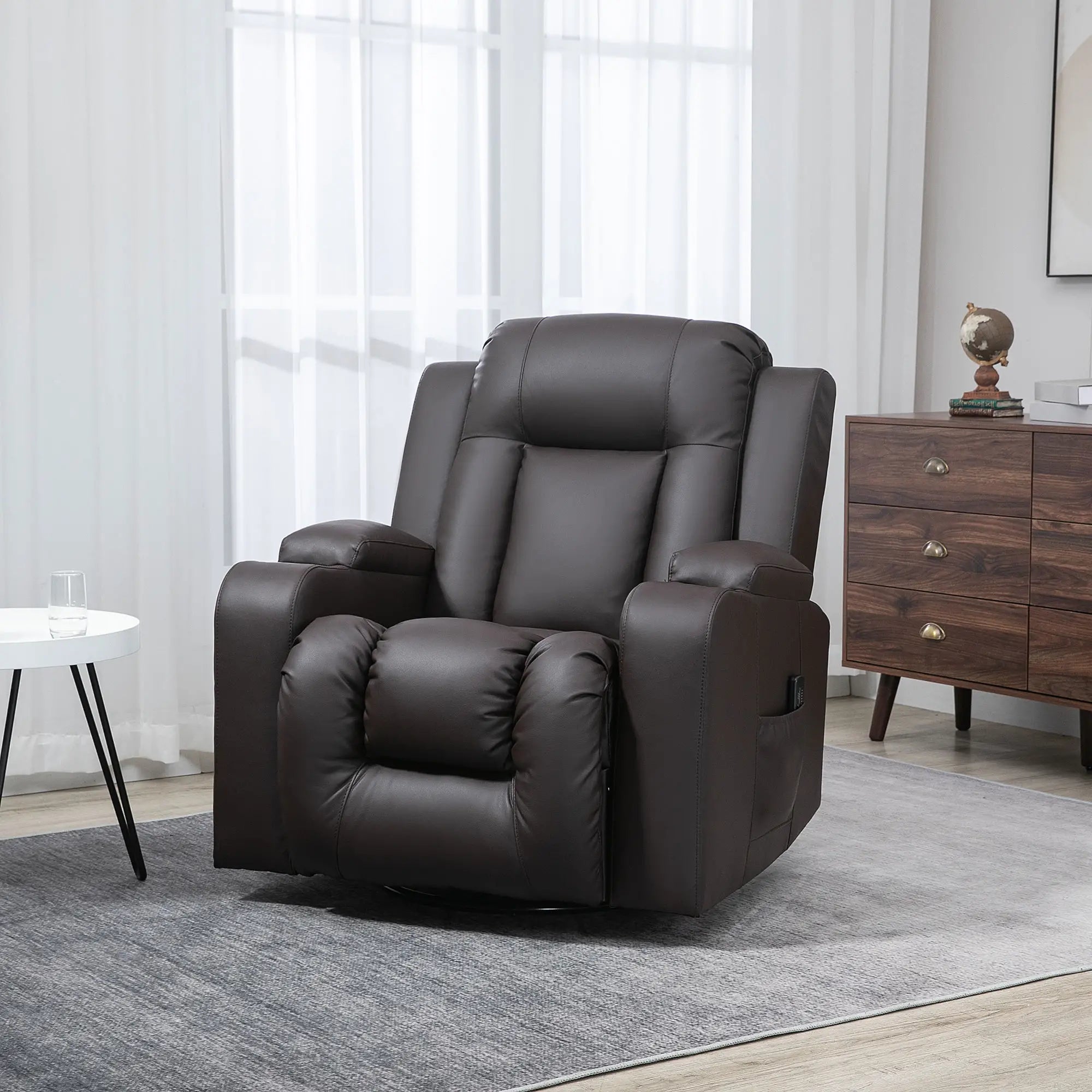 Swivel Massage Recliner Chair, Manual Rocking Sofa, PU Leather, Brown Single Sofas at Gallery Canada