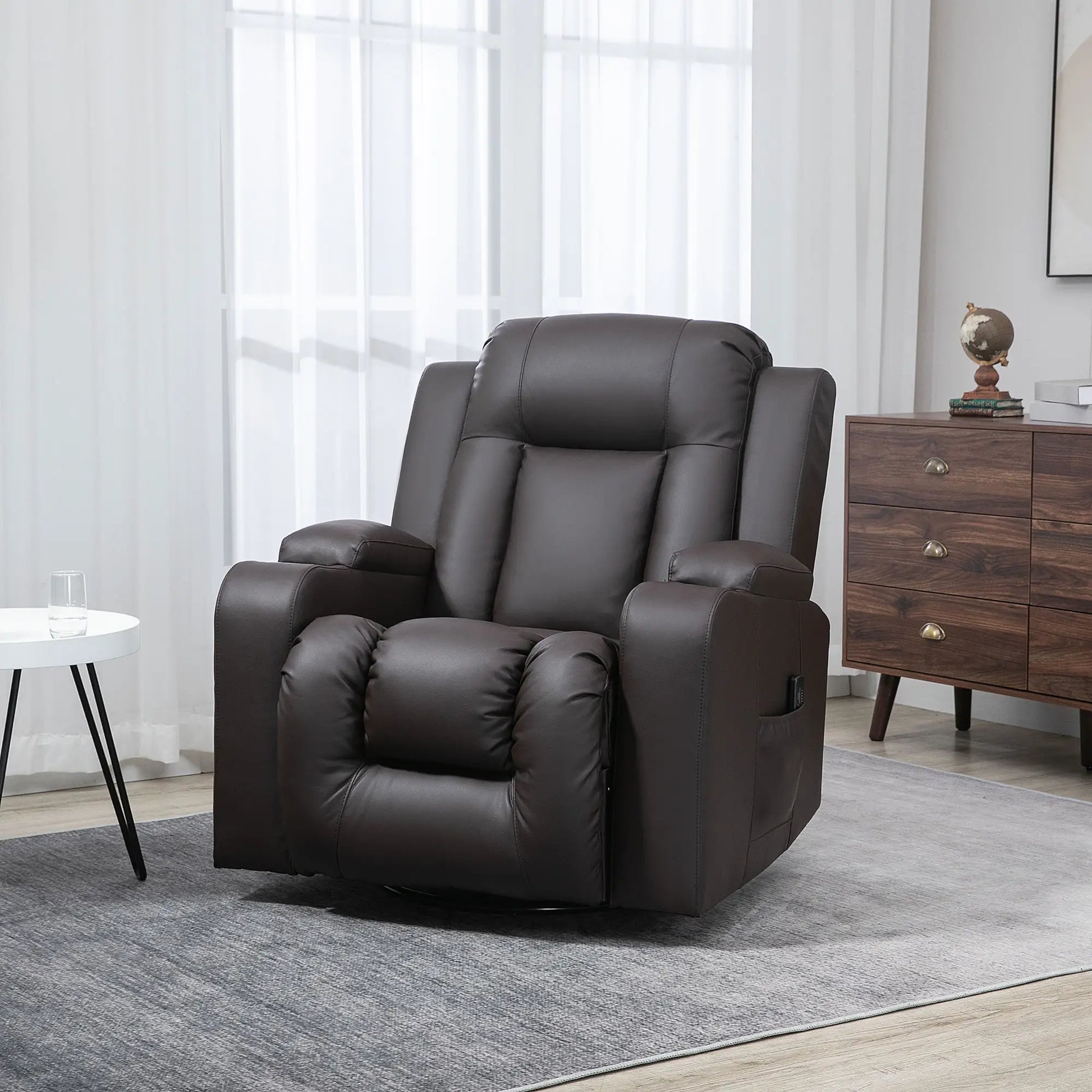 Swivel Massage Recliner Chair, Manual Rocking Sofa, PU Leather, Brown Single Sofas at Gallery Canada