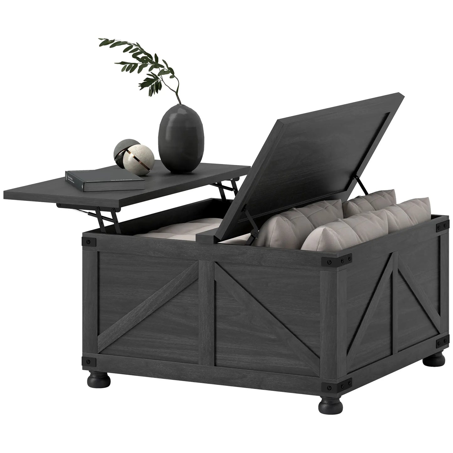 Lift Top Coffee Table, 32" Farmhouse Style, Hidden Compartment, Black Wood Grain, Black