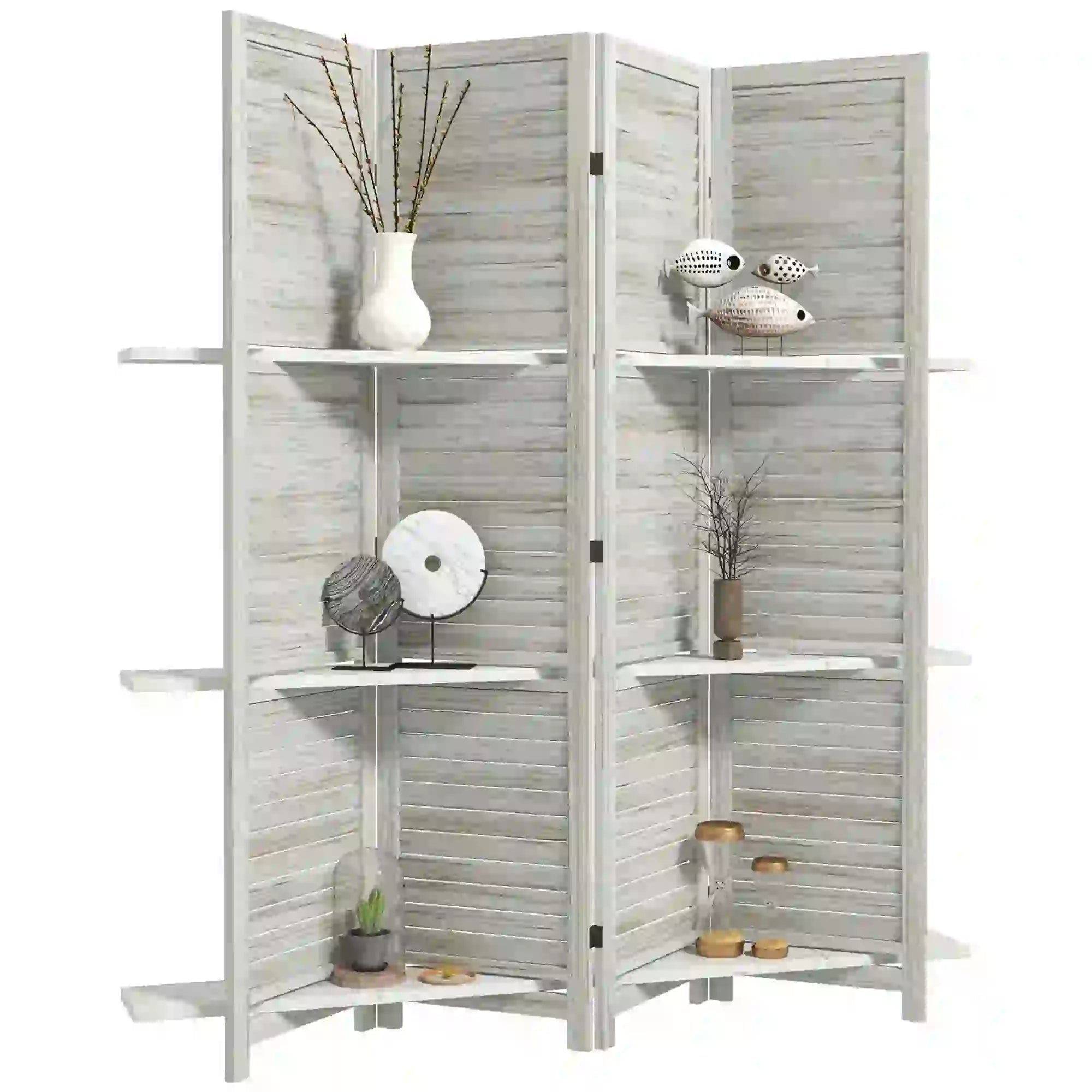 4-Panel Wall Partition, 3 Storage Shelves, Foldable, Wooden Frame, 5.6FT, Distressed White, White Room Dividers at Gallery Canada