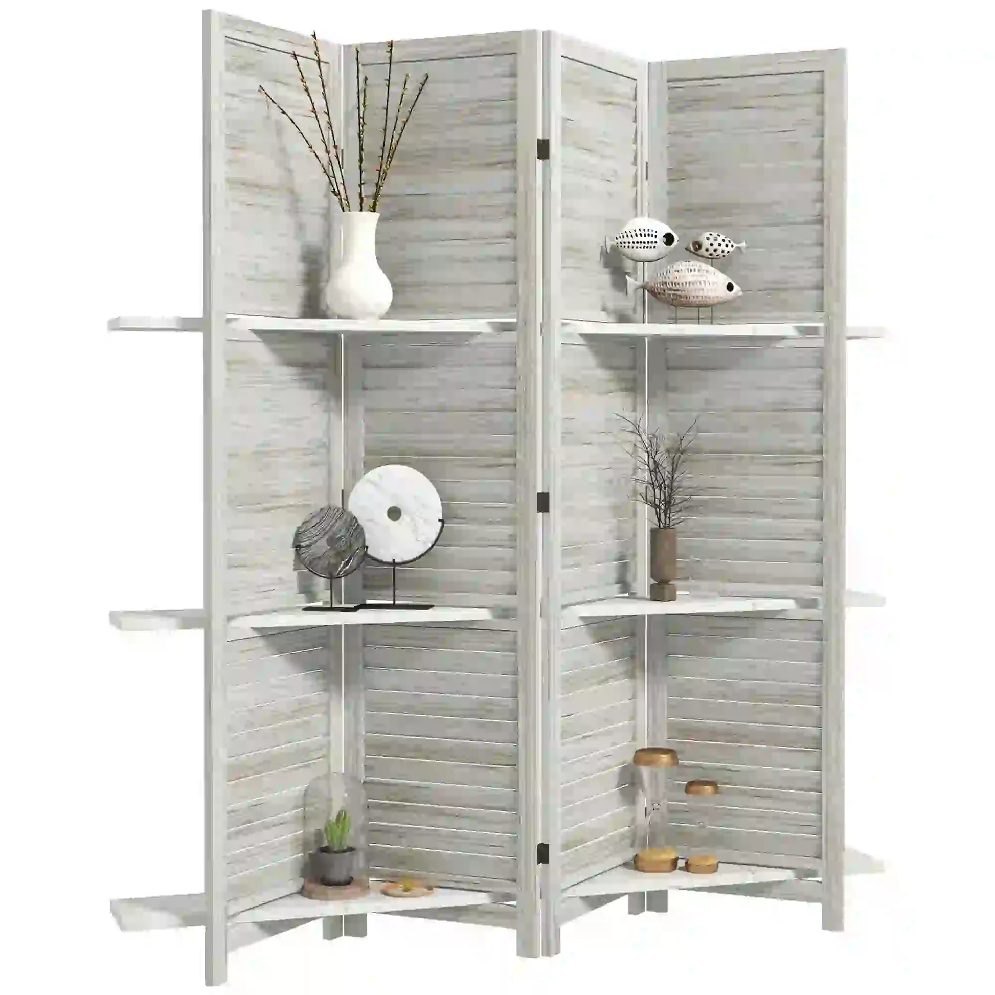 4-Panel Wall Partition, 3 Storage Shelves, Foldable, Wooden Frame, 5.6FT, Distressed White, White Room Dividers at Gallery Canada
