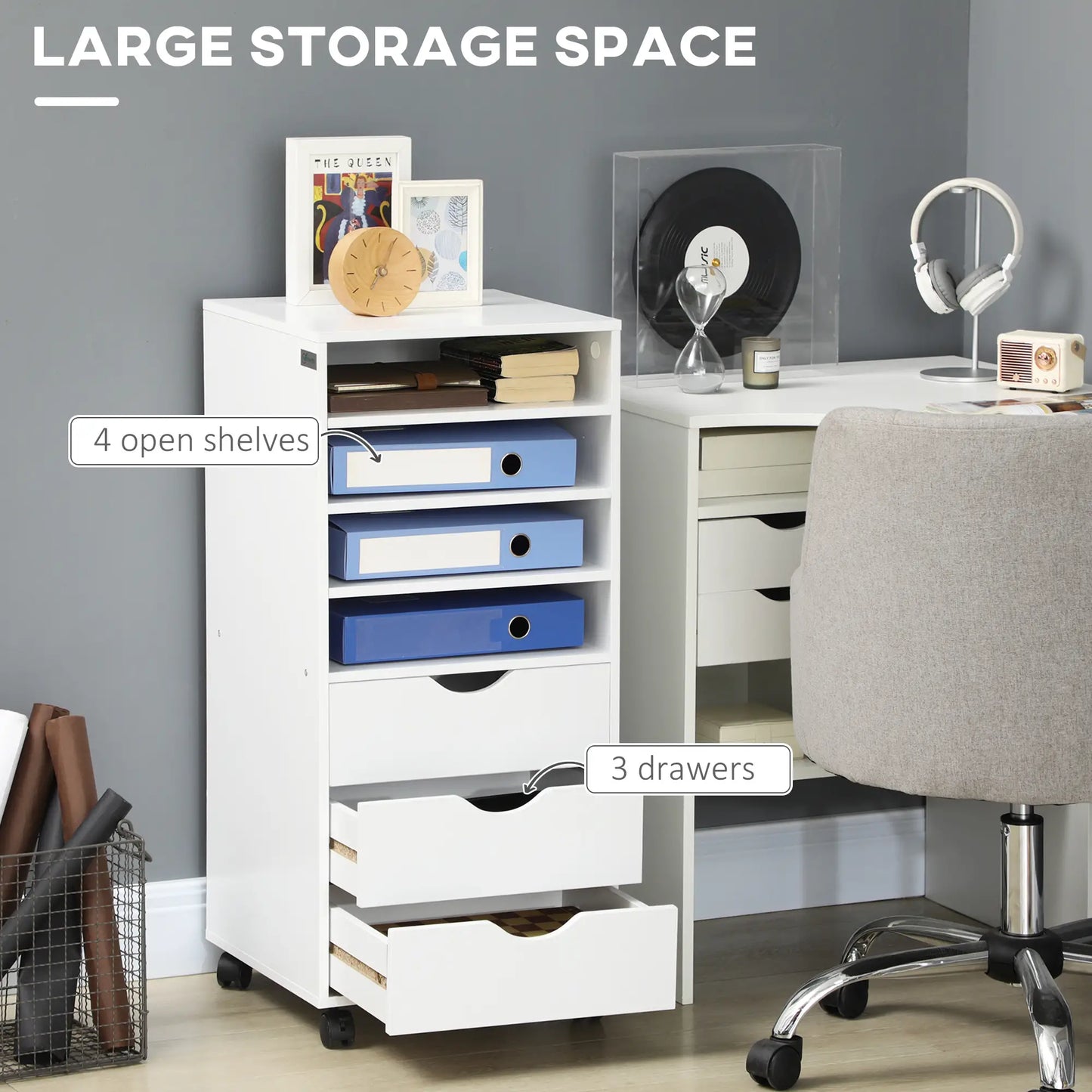 Vertical Filing Cabinet, Mobile 3 Drawers, 4 Shelves, White Office Cabinets & Cupboards at Gallery Canada