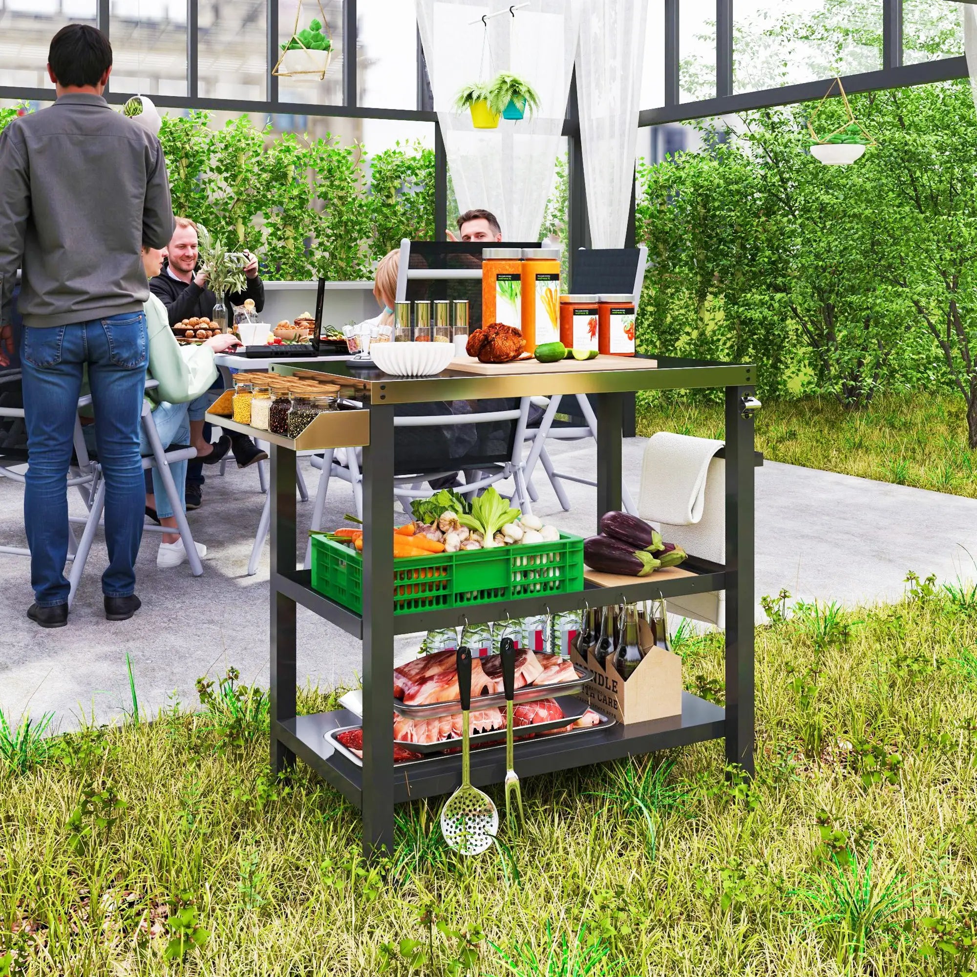 Outdoor Kitchen Bar Cart With Wheels, Stainless Steel Pizza Oven Stand, Movable Prep Table With Hooks Outdoor Grill Carts at Gallery Canada